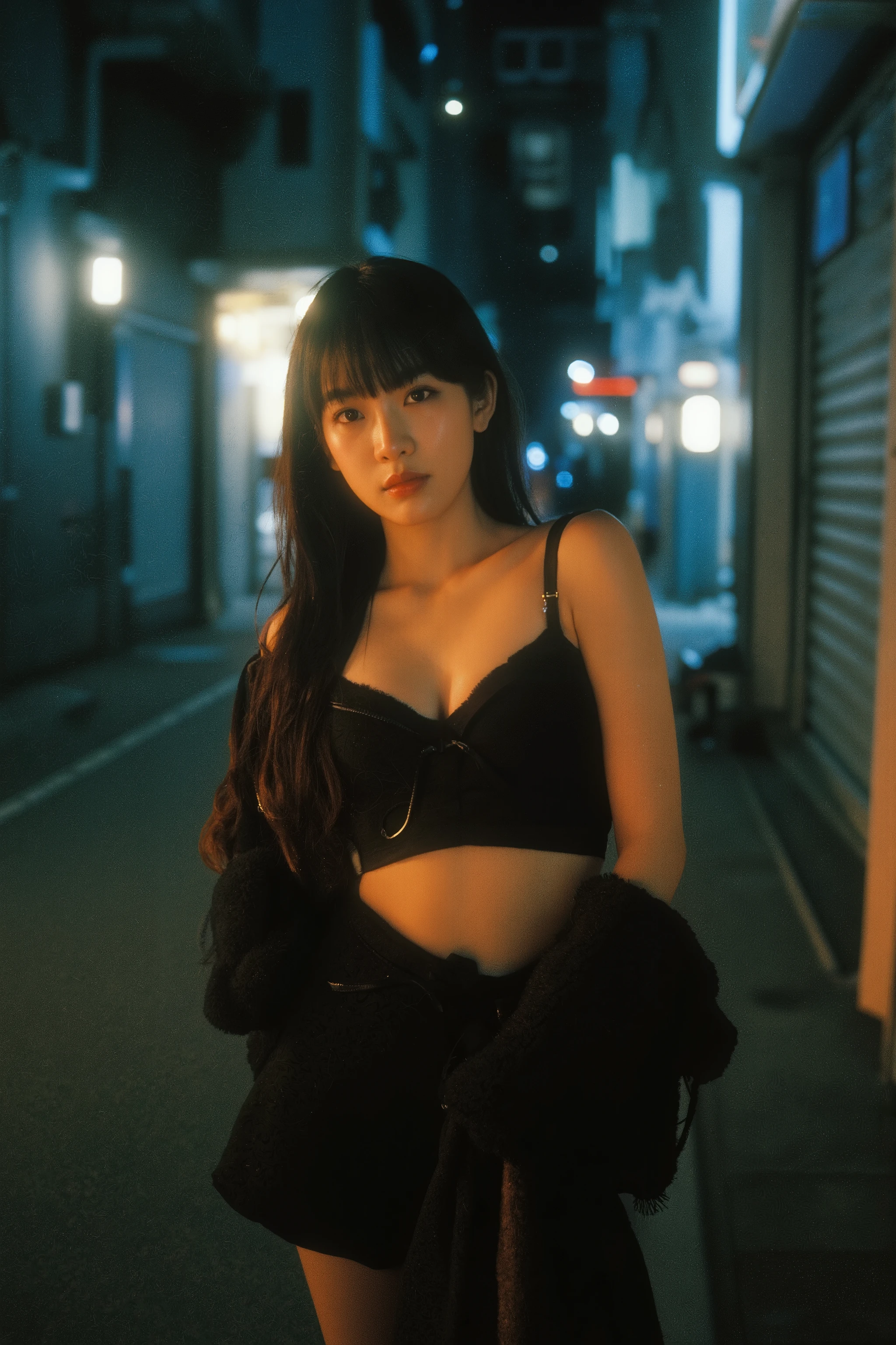 [20250210-001] (ultra-realistic, highly detailed masterpiece:1.5), (nighttime urban alley, empty and moody:1.4), (intense flash photography, harsh lighting reflecting on skin:1.4), (breathtakingly beautiful young Japanese woman:1.4), (upper body to mid-thigh framing, emphasizing toned legs and candid posture:1.4),  (summer season, daring and minimalistic outfit, sleek and form-fitting, bright colors:1.4),  (low-angle shot, enhancing strength and allure:1.3)
