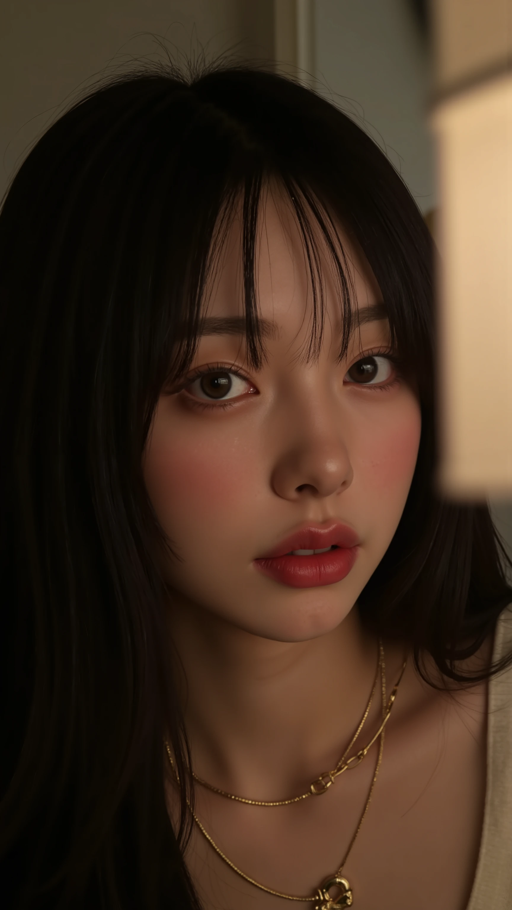 PA7_, PA7_XL-portrait-ECU , detailxl, CSPNY1, d0f _v2, Selfie from top to bottom, face from side, with melancholic black-haired hair, lamp, plump lips, dark makeup , eyeliner , Brown eyes , gold necklaces, round face, dog collar , smiling with the eyes , smile, Teeth, Expression admired , looking for a view, asymmetry, adolescent appearance , Seductive look, looking for, korean female, 1female , 1 women in the image, Japanese women