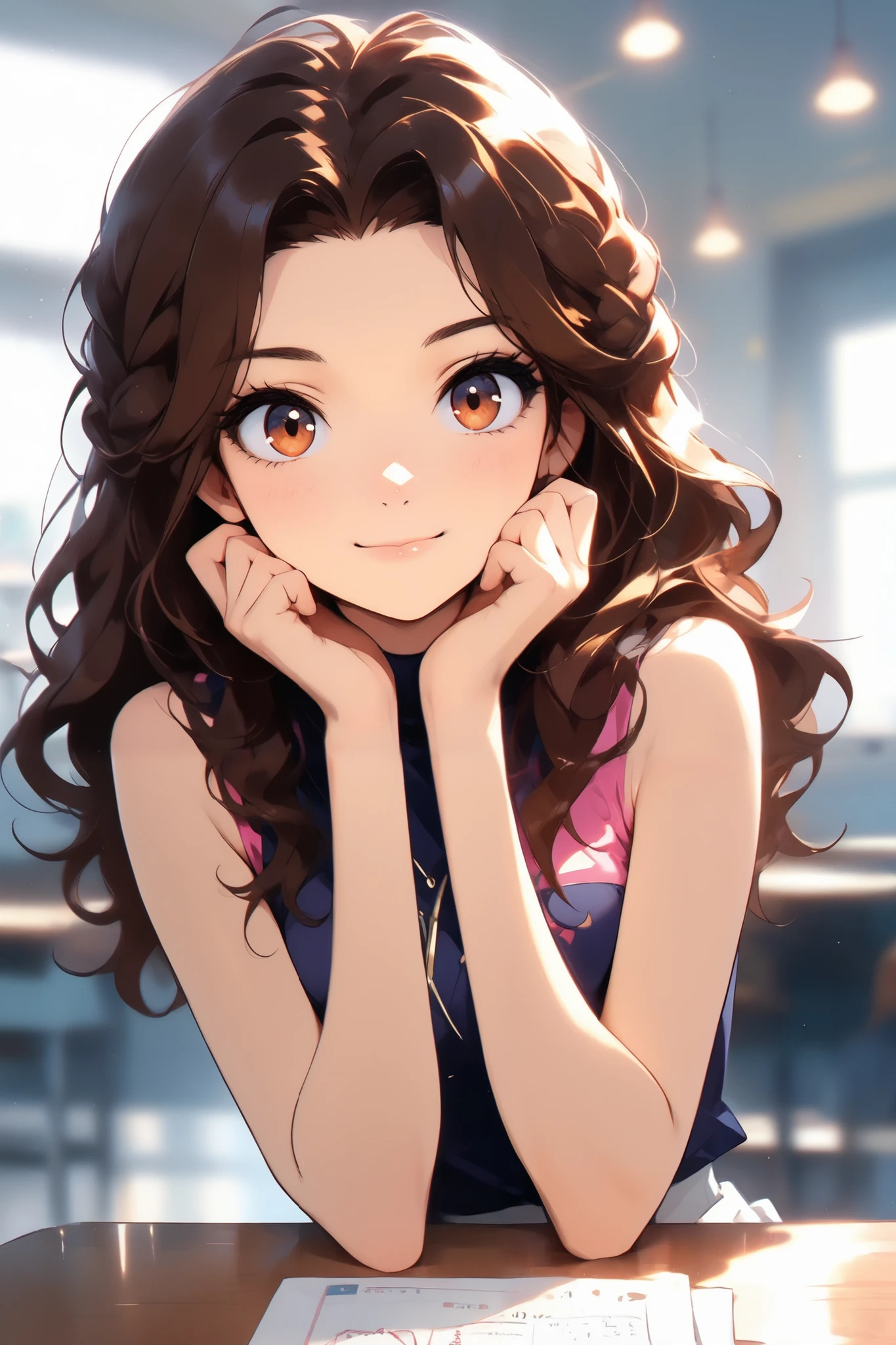 Masterpiece, Best Quality, UHD, Light Smile, 1girl, solo, Brown Hair, Wavy Hair, Hazel Eyes, Anime Style, Victoria justice in a cafeteria, Social Media Composition, Depth Of Field, Social Realism, instagram pose, sleeveless pink bluose, slim body,