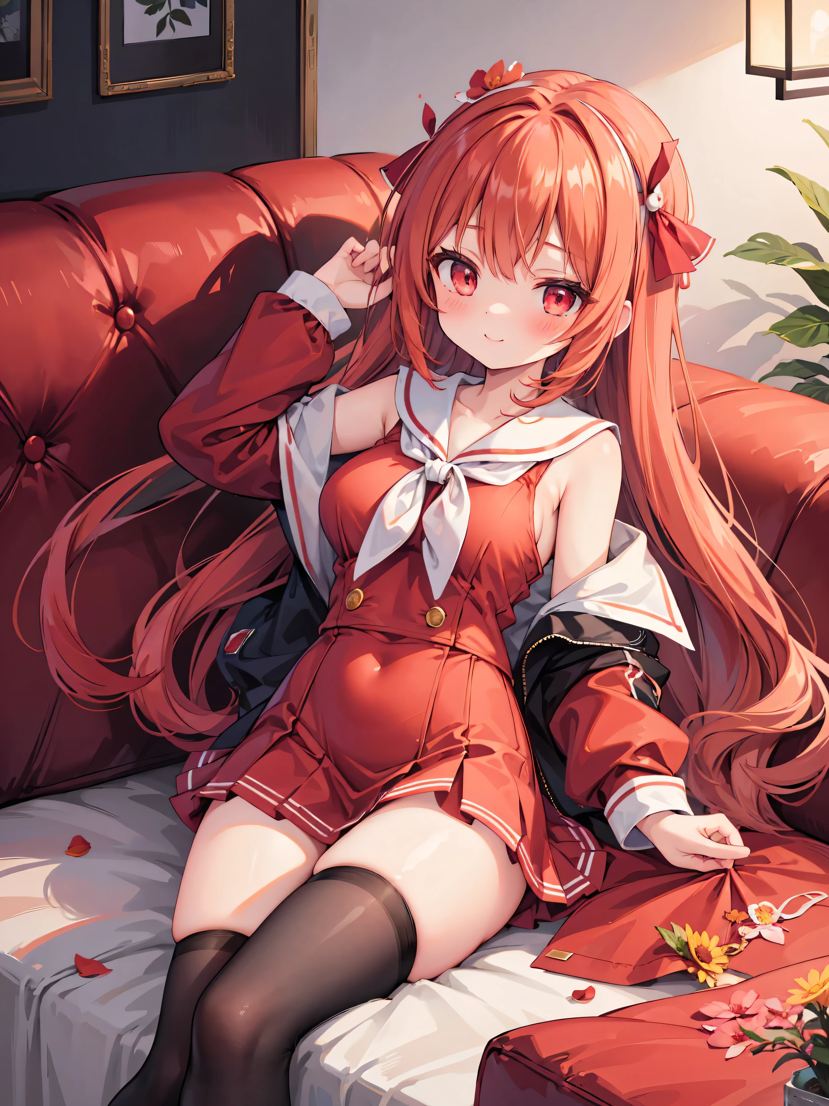 Highly detailed, high quality, masterpiece, beautiful, (all photo shooting), girl student girl, perfect eyes, red eyes, clear eyes, blushing face, happy face, lying down with her thighs open, big thighs, medium breast, long hair, orange hair, with bracelet in hand, bow in hair, flower headband, wearing red sailor suit, wearing black stockings, short mini skirt, sexy, background image on a sofa