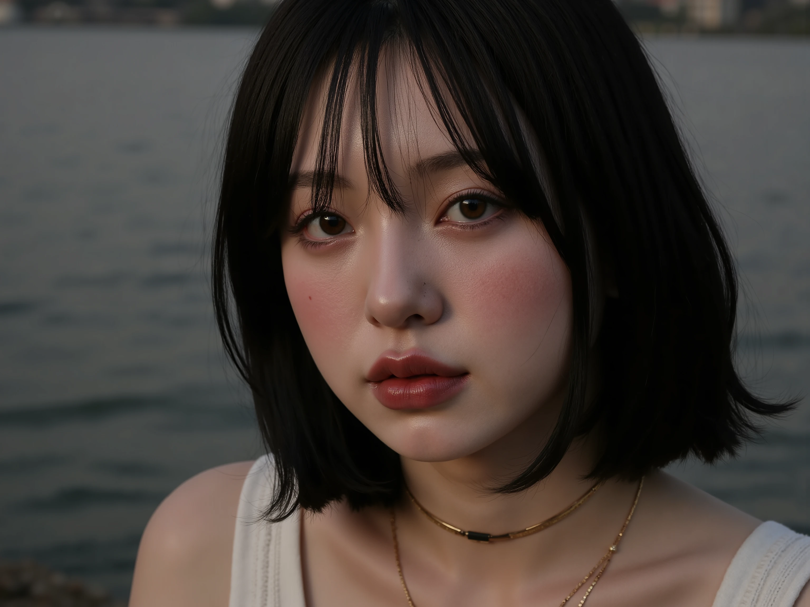PA7_, PA7_XL-portrait-ECU , detailxl, CSPNY1, d0f _v2, Selfie from top to bottom, face from side, with melancholic black-haired hair, lamp, shiny lips, dark makeup , eyeliner , Brown eyes , gold necklaces, round face, dog collar , smiling with the eyes , smile, Teeth, Expression admired , looking for a view, asymmetry, adolescent appearance , Seductive look, looking for, korean female, 1female , 1 women in the image, Japanese women