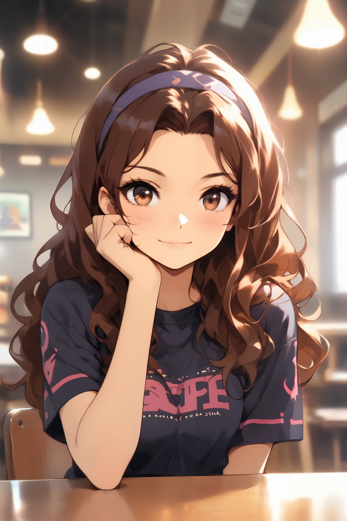 Masterpiece, Best Quality, UHD, Light Smile, 1girl, solo, Brown Hair, Wavy Hair, Hazel Eyes, Anime Style, Victoria justice in a cafeteria, Social Media Composition, Depth Of Field, Social Realism, instagram pose