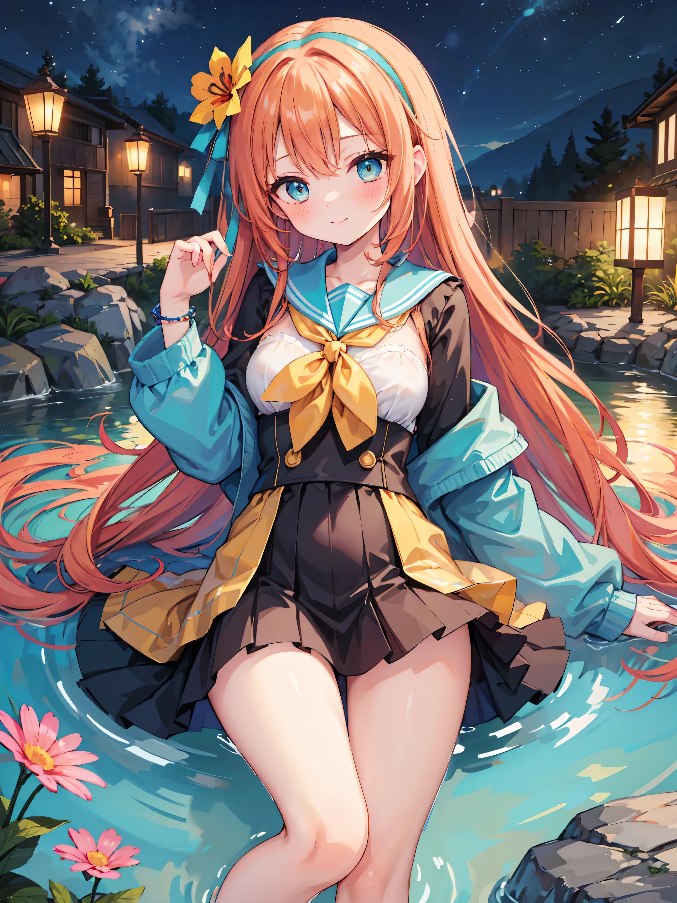 Highly detailed, high quality, masterpiece, beautiful, (all photo shooting), girl student girl, perfect eyes, turquoise eyes, clear eyes, blushing face, happy face, lying down with her thighs open, big thighs, medium breast, long hair, orange hair, with bracelet in hand, bow in hair, flower headband, wearing yellow sailor suit, wearing black stockings, short mini skirt, sexy, background image in a hot spring at night