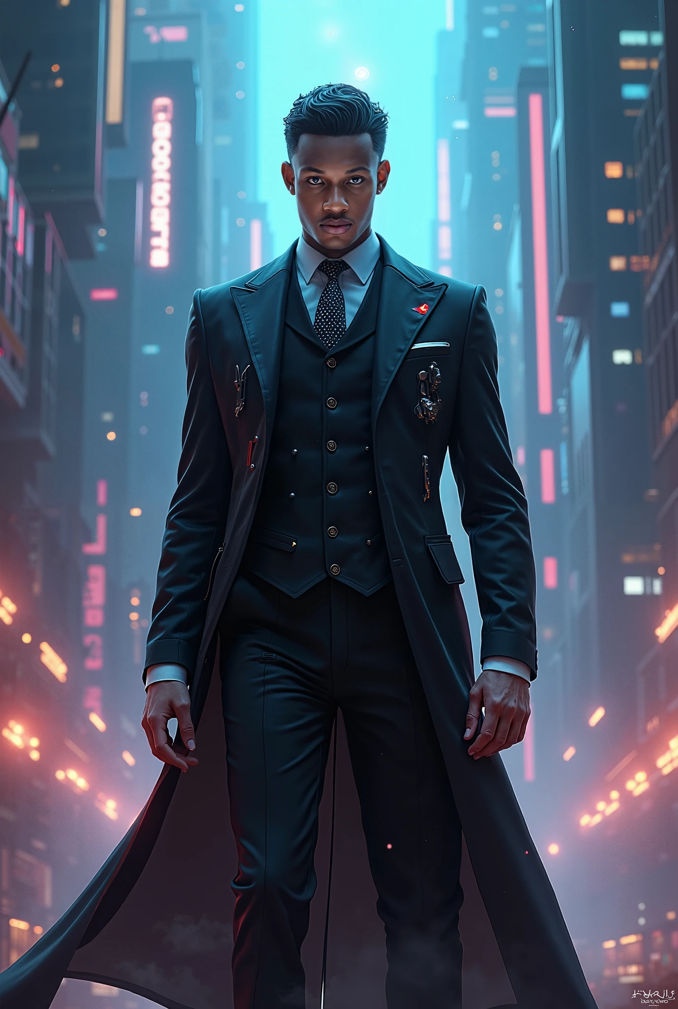 There is a man in a suit and tie standing in a city - SeaArt AI