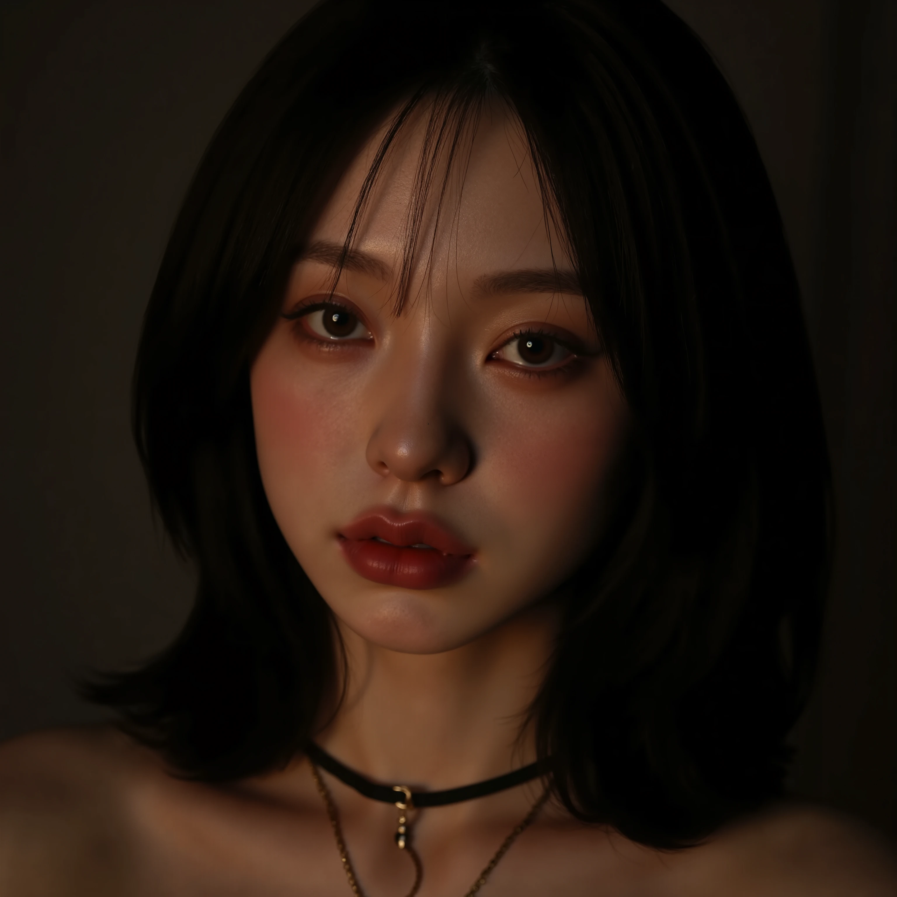 PA7_, PA7_XL-portrait-ECU , detailxl, CSPNY1, d0f _v2, Selfie from top to bottom, face from side, with melancholic black-haired hair, lamp, Brilliant lips, dark makeup , eyeliner , Brown eyes , gold necklaces, round face, dog collar , smiling with the eyes , smile, Teeth, Expression admired , looking for a view, asymmetry, adolescent appearance , Seductive look, looking for, korean female, 1female , 1 women in the image, Japanese women