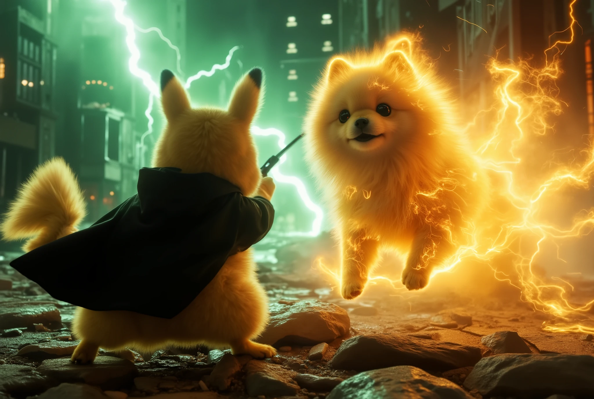 A battle scene featuring a white Pomeranian engulfed in fire burning, charging forward with fiery energy, against Pikachu dressed as Voldemort. Pikachu is wearing a dark cloak and wielding a wand, casting a green lightning. The battlefield is set in the ruins of a destroyed city at night. Massive fire. Massive green lightning.