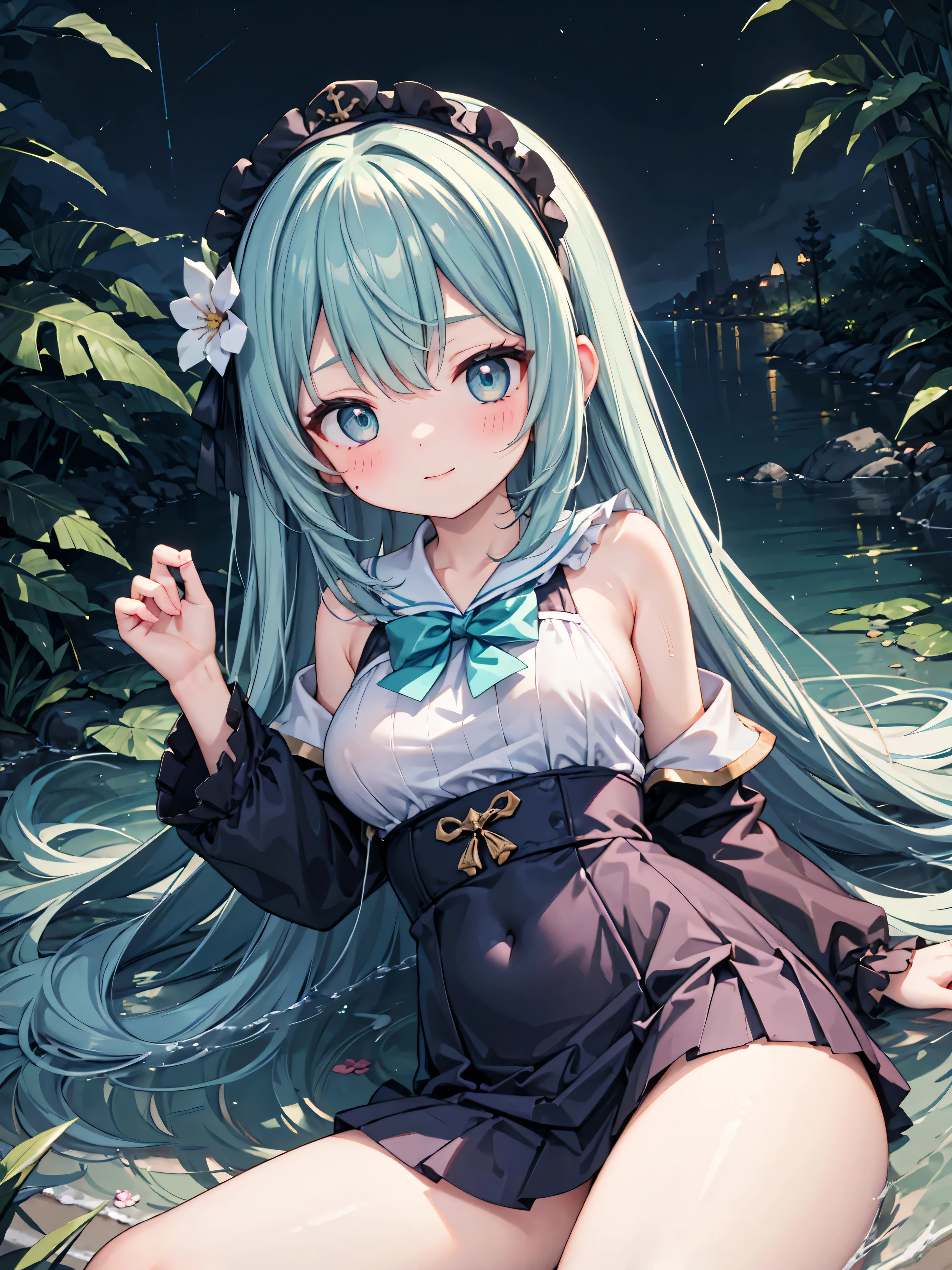 Highly detailed, high quality, masterpiece, beautiful, (all photo shooting), girl student girl, perfect eyes, turquoise eyes, clear eyes, blushing face, happy face, lying down with her thighs open, big thighs, medium breast, long hair, green hair, with bracelet in hand, bow in hair, flower headband, wearing blue sailor suit, with black stockings, short mini skirt, sexy, background image in a night forest