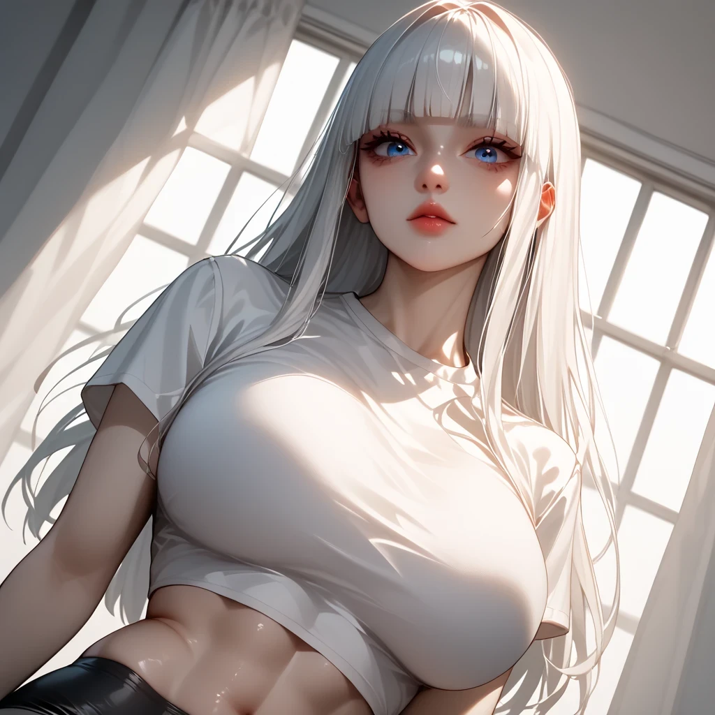 Anime - style image of a woman with long white hair and blue eyes ...