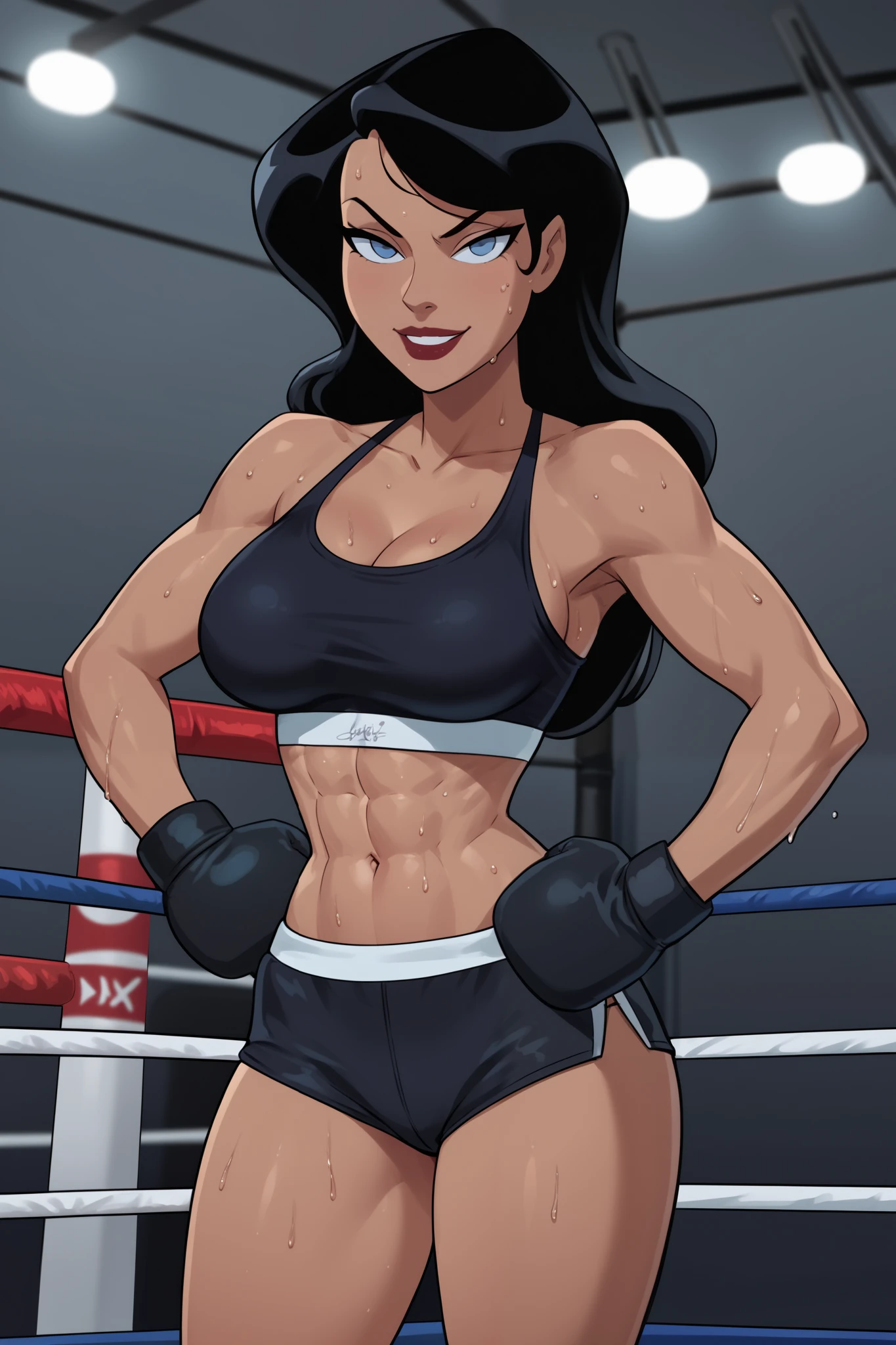 PonyXLV6_Scores BREAK ((parody) perfect anatomy, perfect eyes, cowboy shot), BREAK zatanna zatara, long hair, black hair, dark-skinned female, blue eyes, lipstick, half-closed eyes, ((looking at viewer)), long hair, black boxing shorts, large breasts, curvy, toned, athletic, sitting in corner, gym, boxing ring, black boxing gloves, indoors, black sports bra, muscles, smiling, hands on hips, determined expression, sweaty, sweat drops, wet