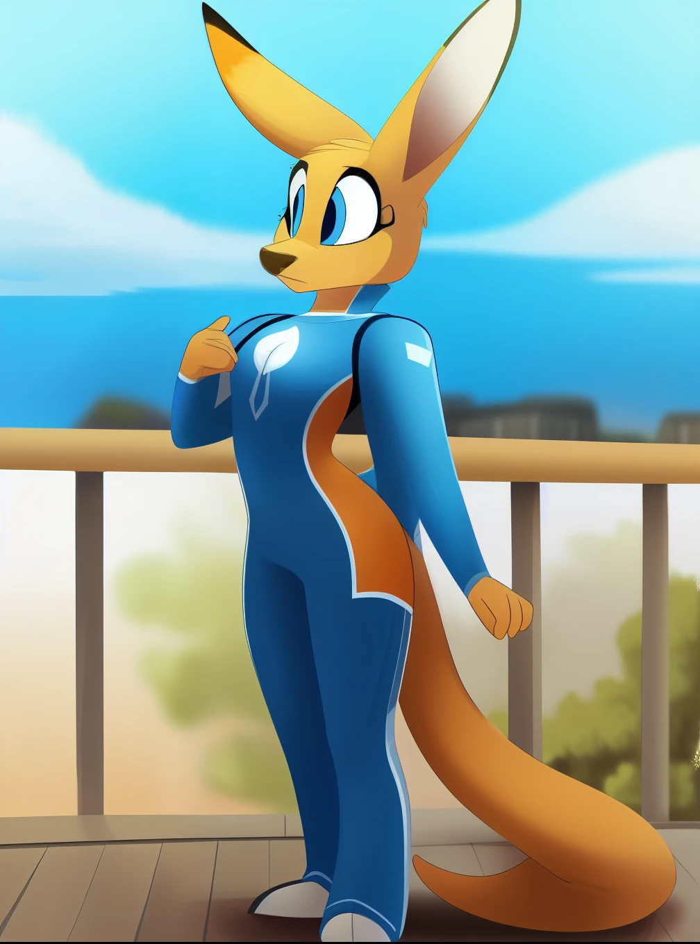 An animated character named Kayla Christling that appears to be a kangaroo. The character has a golden-yellow fur coat, large pointed
ears, and bright blue eyes. Ace Storm blue supersuit with helmet. Full body view. Standing, by vivzmind, (best quality, masterpiece:1), detailed,