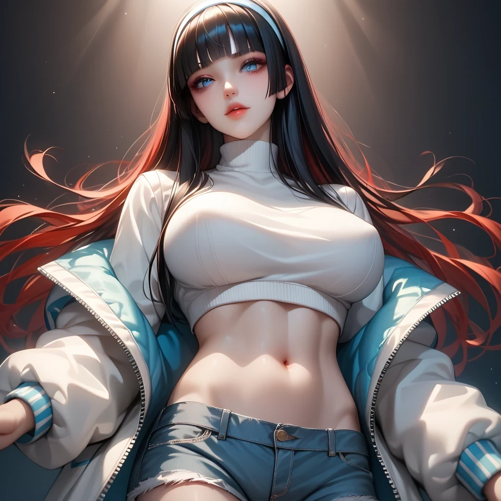 (( black hair))、(red inner hair), top quality、 ( professional lighting without shadows )、 surreal, (Nipples:0.4), is fascinating、 figure like a slender supermodel、 1 girl,( big breasts, Belly button exposed), ( flat at honny, beautiful skin)), (明るい and beautiful blue eyes , ((hime cut, long hair )), (bomber jacket, headband top, daisy duke shorts, long boots) , ( beautiful face squinting in bright light ), dynamic angle, face focus, looking side