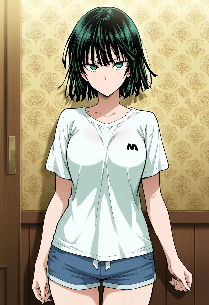 masterpiece,best quality,official art,wallpaper,absurdres, beautiful detailed face,detailed texture,detailed skin,detailed BREAK 1girl,One Punch Man,source_One Punch Man,fubuki,shirt,shorts,room