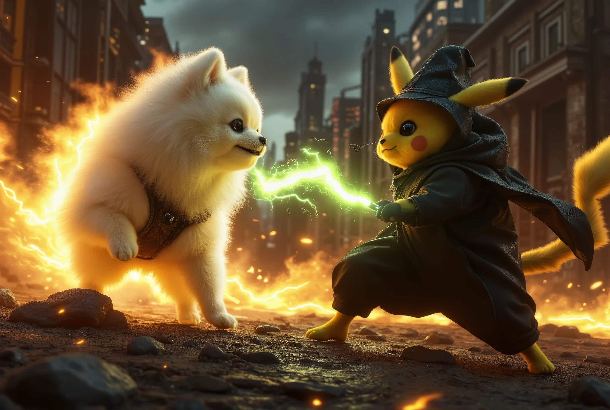 A battle scene featuring a white Pomeranian engulfed in fire burning, charging forward with fiery energy, against Pikachu dressed as Voldemort. Pikachu is wearing a dark cloak and wielding a wand, casting a green lightning. The battlefield is set in the ruins of a destroyed city at night.