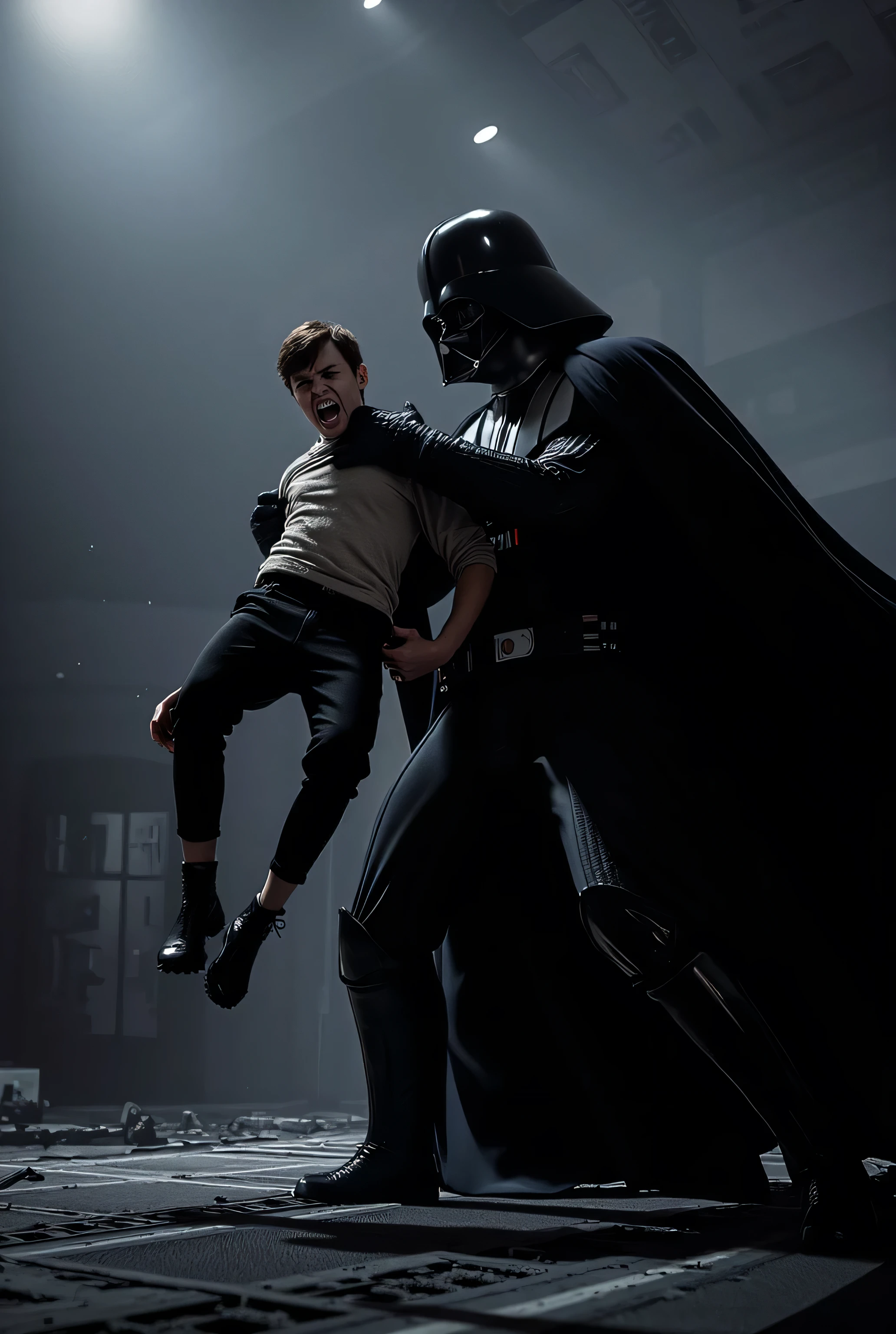 Darth Vader grabbing a Rebel spy around the neck and lifting him into the air as he interrogates him. The spy's feet dangle in the air and he is terrified and his face reveals his horror at being questioned by Darth Vader. Takes place on the bridge of Darth Vader's Star Destroyer.