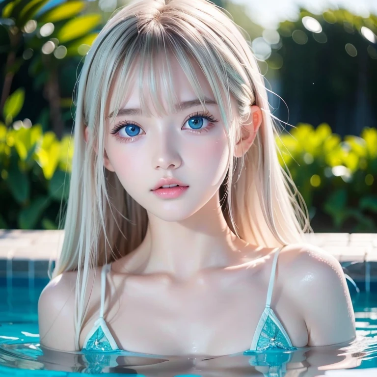 bright look、photorealism、highest quality、ultra high resolution、photograph、北欧生まれの非常にbeautiful少女のphotograph、extraordinary beautiful girl、可愛くてbeautiful顔の詳細、(face to face with the children_v1:0.008)、beautiful bangs、alice in wonderland、16 years old、radiant white skin、Bangs that extend to the face、bangs between eyes、super long hair、Beautiful and bright natural platinum blonde super long straight silky hair、thin hair、high resolution eyes、beautiful, Bright and clear, Big light blue eyes shine charmingly、eyeliner、double eyelid、rich bust、spread hair、pool, swimsuit