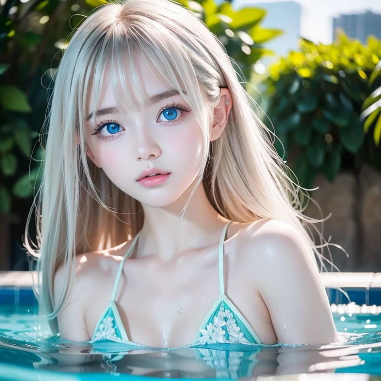 ((masterpiece)), ((best quality)), (ultra-detailed), pool, a cute girl, 1girl, solo, ((beautiful eyes)), smile, bikini00, beautiful silver hair