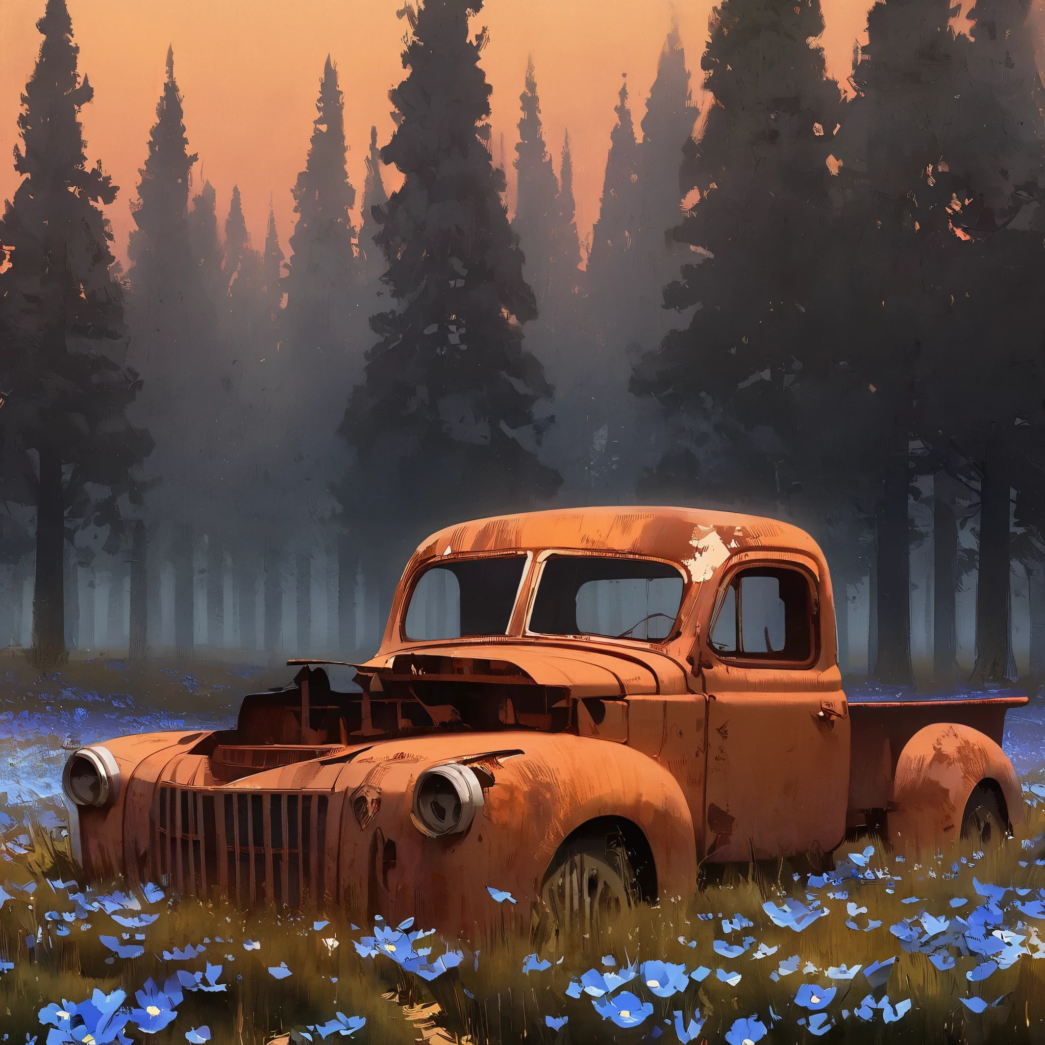 This image is a digital painting in a realistic style, depicting a rusted, abandoned truck in a field of wildflowers. The truck, which appears to be an old, vintage model, is positioned slightly off-center to the right. The vehicle is heavily rusted, with its paint peeling off, revealing a mixture of red and orange hues. The truck's windows are broken, and the front grille is missing some of its bars. The ground around the truck is covered in a dense carpet of small, blue flowers, which contrast sharply with the rusty vehicle. In the background, there is a serene, expansive landscape. The sky is a gradient of soft pastel colors, transitioning from deep blue near the horizon to a warm orange and pink as the sun sets. The horizon is lined with a row of tall trees, their silhouettes visible against the fading light. The field extends into the distance, creating a sense of vastness and solitude. The texture of the painting is smooth and detailed, with a focus on the weathered surfaces of the truck and the delicate petals of the flowers. The overall mood of the image is melancholic and evocative, capturing a sense of abandonment and the passing of time.