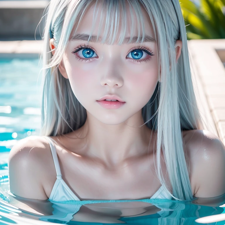 Big eyes、Big Tits、blue eyes、Beautiful waistline、pretty girl、18-year-old、White tube top bikini、Naughty pose、Silver Hair、9Head to Body、smile