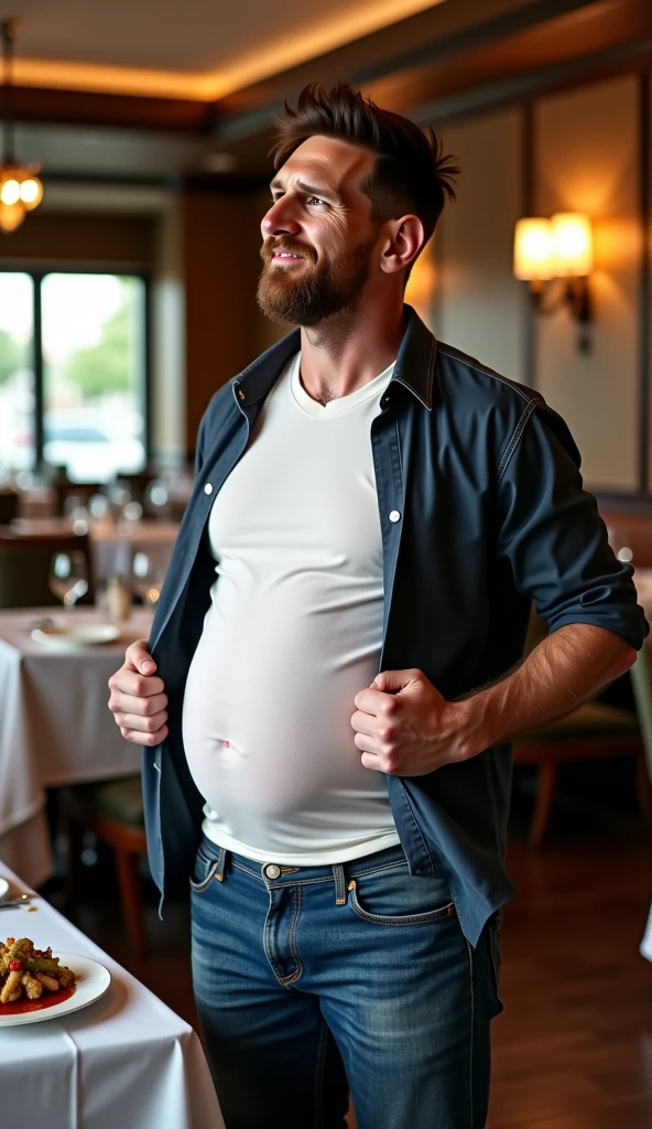 (NSFW), Tom Holland, Giant Belly, Big Bulge, Eating food, Bursting out of jacket, leather jacket with fur trim, long sleeves, black jeans, volumetric lighting, athletic, best quality, masterpiece, intricate details, tonemapping, sharp focus, hyper detailed, trending on Artstation, looking at viewer, realistic, Obese