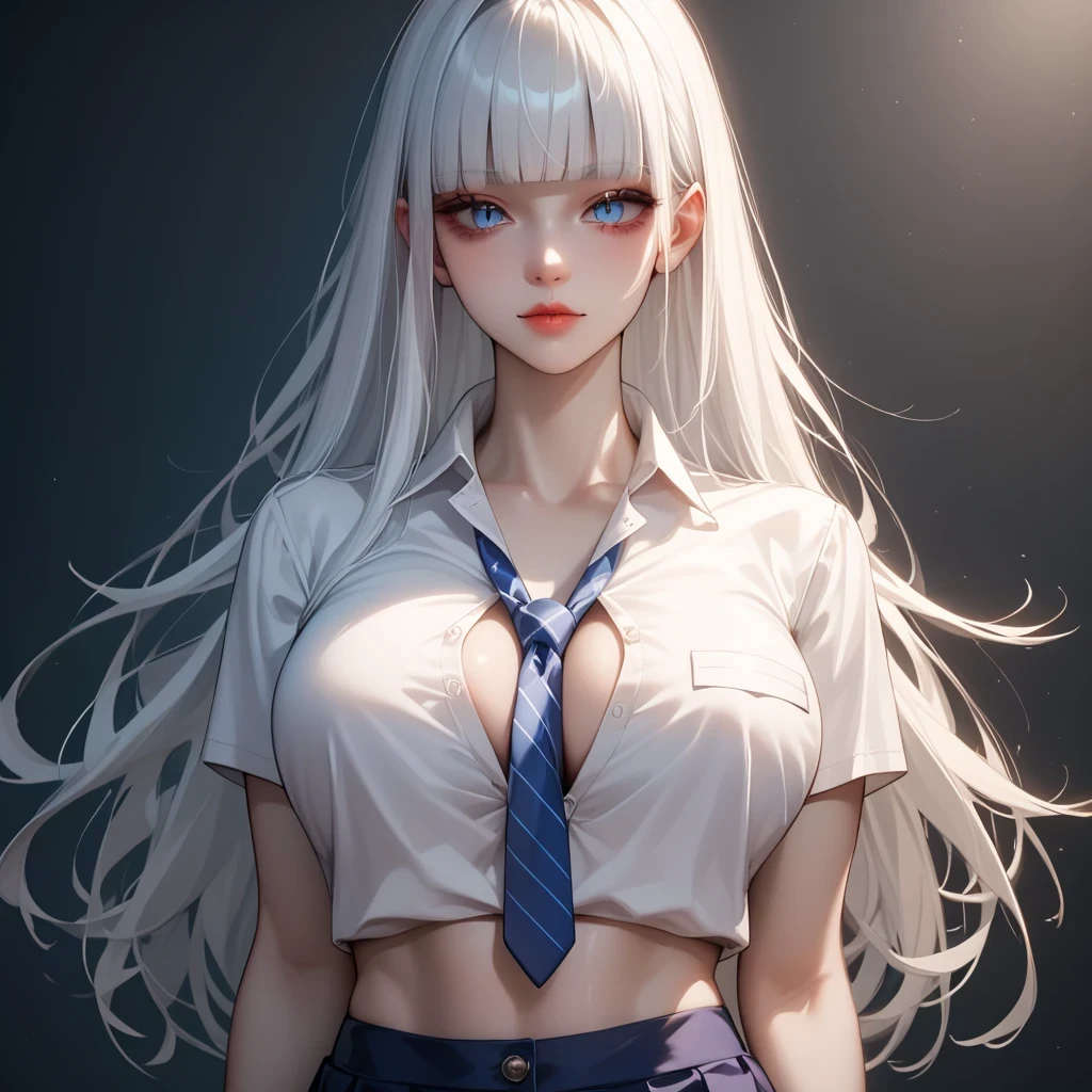 White hair 、 Top Quality、 Masterpiece、( professional lighting )、 surreal、 (Nipples:0.4), is fascinating、 figure like a slender supermodel、 1 girl, (wide shot, between breasts, look at viewer), (slightly larger breasts, midriff peek ), ( flat at honny , oily skin ), (Bright, beautiful blue eyes , ((hime cut,long hair, )), (slit skirt ,((polo shirt))) cleavage visible , ( beautiful face squinting in bright light ), knee-high socks