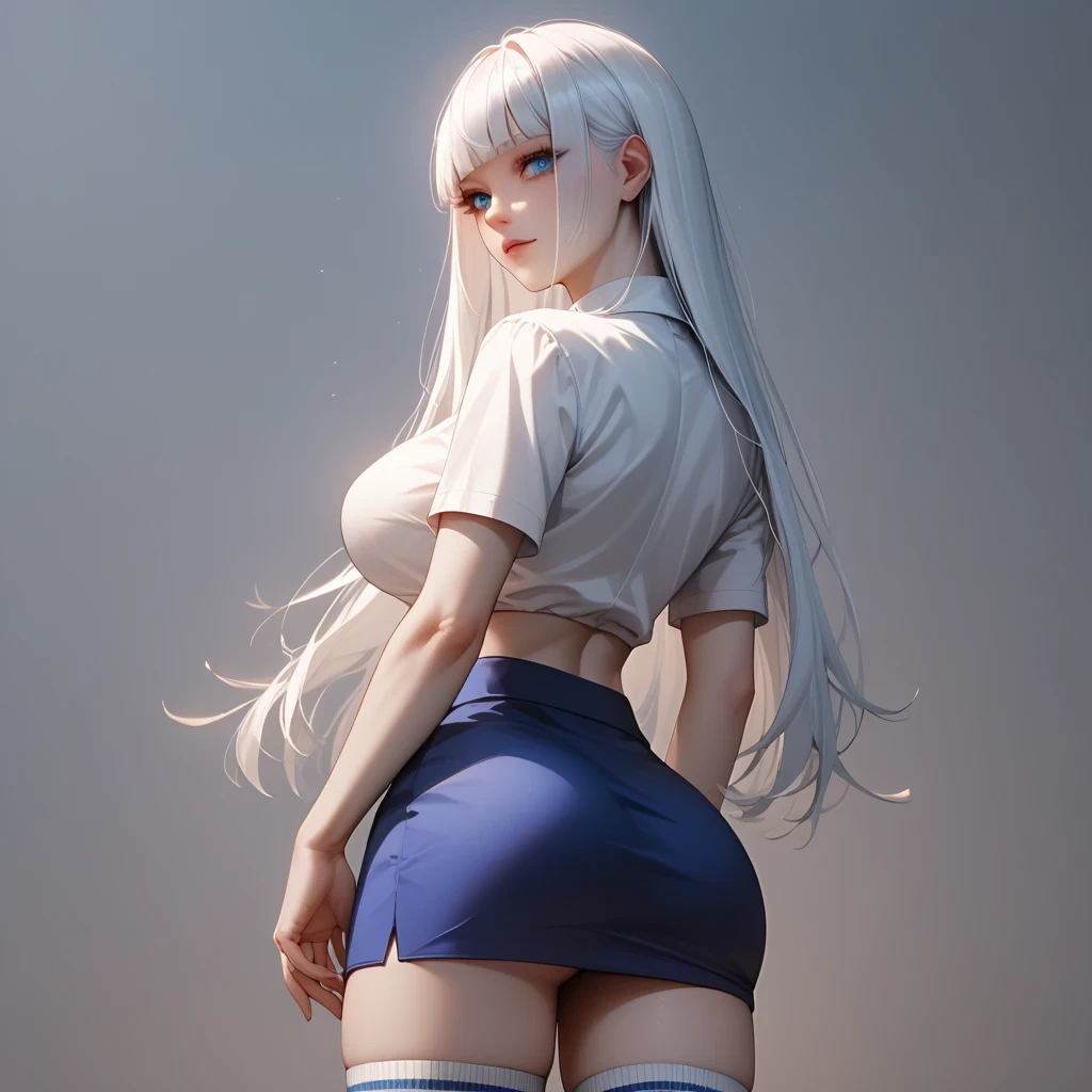 One girl, short t-shirt, skirt nike sneakers, big ass, perfect breast, slim, cute, sexy, very detailed, exquisite lighting and composition, , 8k, sharp, highly detailed, high resolution, looking back