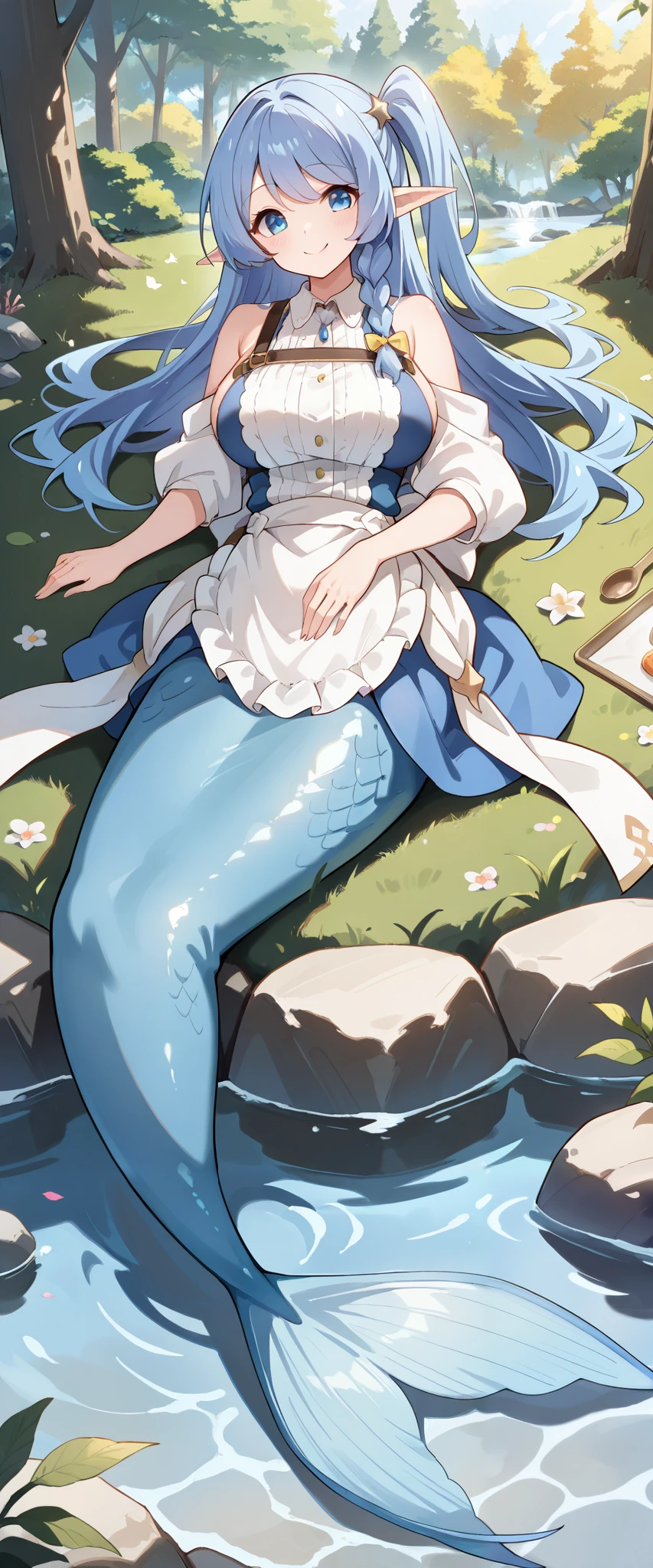 (Fraction_9:0.9),Fraction_8_up,Fraction_7_up,grade_of,实际of,(zPDXL3), ( masterpiece), ( best quality ),(完整of五根手指), a girl ,Water Enchantress of the temple,( long blue hair),Side Ponytail, apron, blue eyes ,Elf ears,独自of, Big Breasts ,Mermaid,蓝色ofMermaid尾巴,Smile,害羞of,Love,forest,Lying in the pond,Full body picture