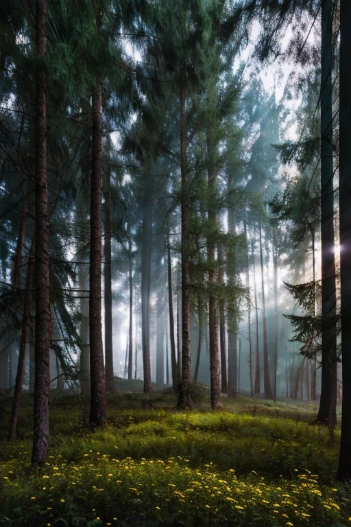 Charming forest canopy : Create a magical scene inside an ancient forest with darkness on a cloudy day, gloomy forest , Lighting up a carpet of wildflowers . Captures the interaction of light and shade . obra maestra, the best quality, high quality, shirt CG unity 8k wallpaper, textured landscape, Award winning stock photograph , bokeh, depth of field, HDR-10, bloom, Chromatic Aberration , (( photorealistic)), shirt, rich colors, dramatic lighting