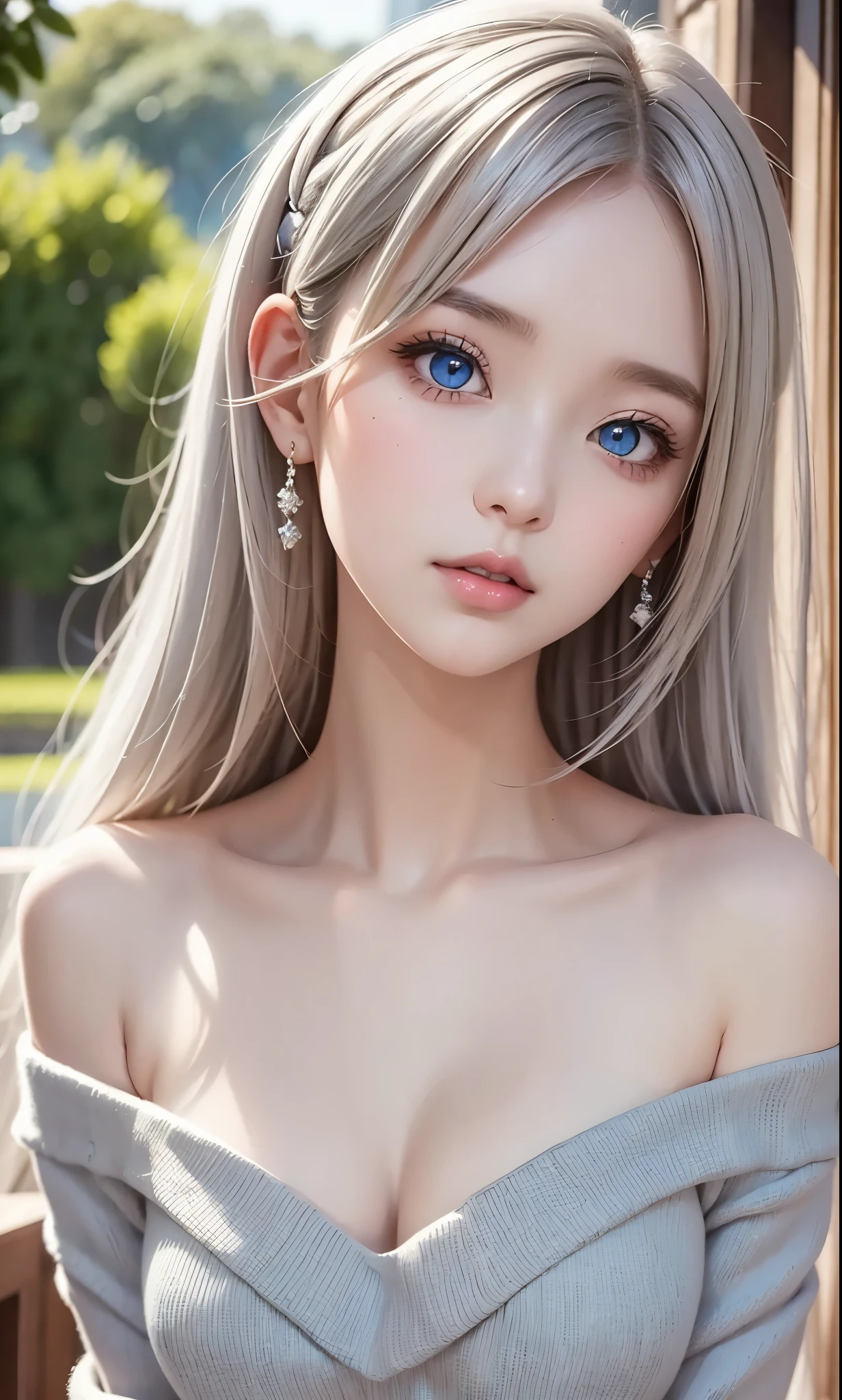 There is a woman in a white dress, artwork in the style of Gwaiz, Gwaiz on pixiv artstation, Gwaiz on artstation pixiv, Gwaiz, Fantasy art style, Gwaiz masterpiece, Beautiful and elegant queen, Beautiful character drawings, Detailed digital anime art, Blonde Princess, Gray Hair, Sky blue eyes, Pink Lips, off shoulder sweater, cool girl face, beautiful eyes, face type, reika, Tilt her head, ((from over head))