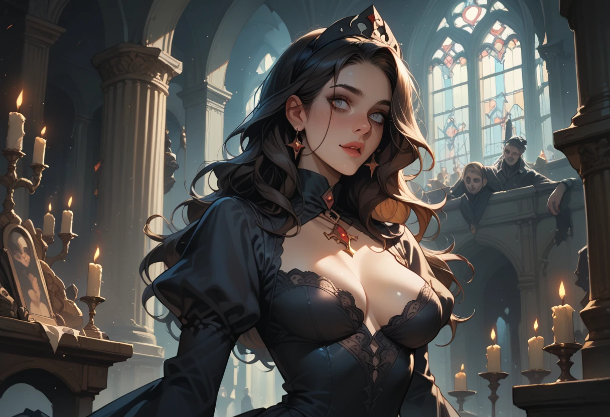 1个Giant Breast Girl，curate，Large breasts，Mid-range portrait，ornate decoration，A Gothic Church，complex patterns，crosses， hyper HD, 8K，dramatics，mystic symbols