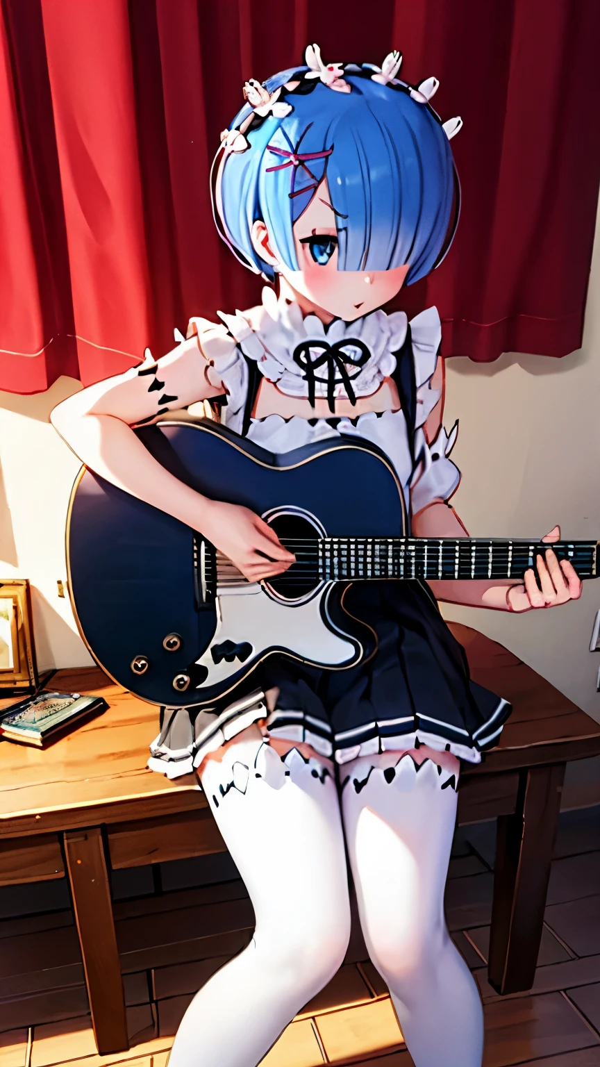 punk girl (Re:Zero Rem) tattooed on his shoulder and neck with blue hair and tights with a guitar in his hands in the room