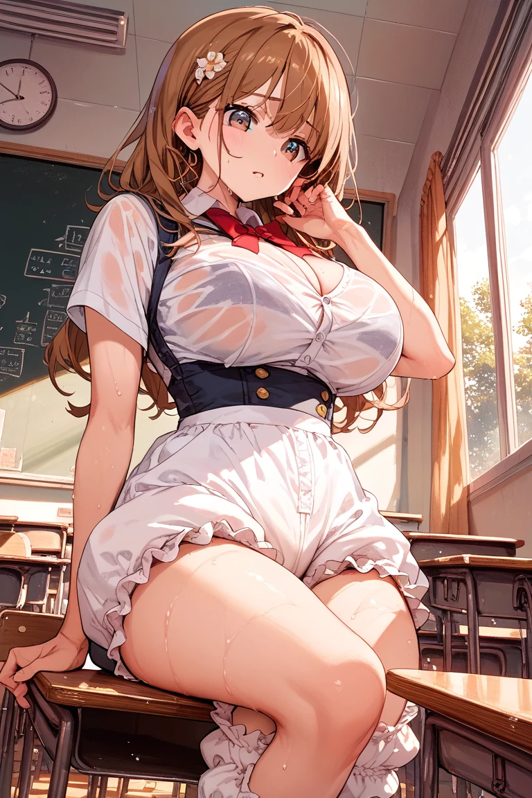 ((The woman in her underwear is kneeling and turning away:1.4), ((highest quality)), (Very detailed), (Very detailed CG 統合 8k 壁紙), Very detailed, High-resolution RAW color photos, Professional photography, Brown Hair, Twin tails, Great face and eyes, Beautiful and large breasts, Slender body, (Stunningly beautiful woman), (Detailed face:1.2),(School classroom:1.3), ((cute, Sighing expression)), ((Stylish light blue satin lingerie with lavish decorations:1.3), (A white lace bra with a light blue base), (Light blue with white lace side-tie panties:1.3)), garter belt, Knee socks,(Open your mouth wide:1.5), Breathe with your shoulders, sexual pleasure expression, Holding in pee、Patience is the limit、On the brink of climax, (Perfect Anatomy, Perfect number of arms, Perfect hands)、(cum on face:1.5), A &#39;Phew&#39; sound, I can&#39;t drink it all, Surprised, turn your face to the side, Surprised expression, No sleeves, Angle from above
