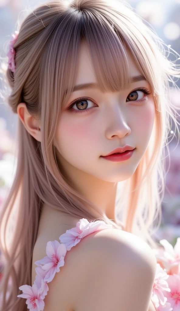 highest quality、Masterpiece、One Girl、blonde、Super detailed_face_Eye、かわいいface、Cheeks or red、Flowing cherry-colored silk、Thin off-the-shoulder dress、An ennui look、Cherry blossom petals、Flowing cherry blossom silk、 Tabletop、Anatomically correct