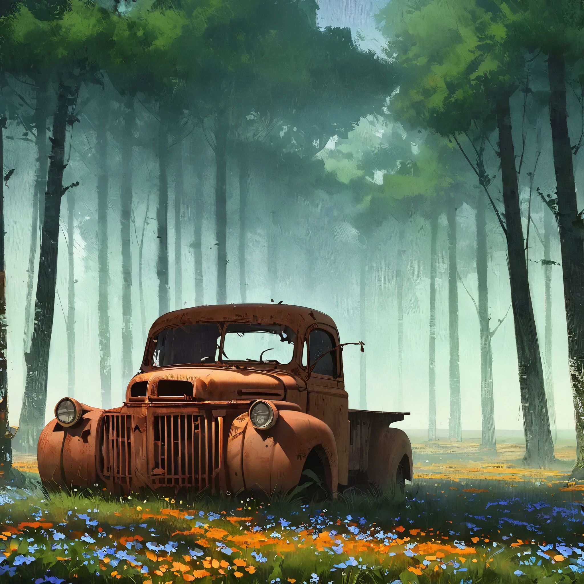 This image is a digital painting in a realistic style, depicting a rusted, abandoned truck in a field of wildflowers. The truck, which appears to be an old, vintage model, is positioned slightly off-center to the right. The vehicle is heavily rusted, with its paint peeling off, revealing a mixture of red and orange hues. The truck's windows are broken, and the front grille is missing some of its bars. The ground around the truck is covered in a dense carpet of small, blue flowers, which contrast sharply with the rusty vehicle. In the background, there is a serene, expansive landscape. The sky is a gradient of soft pastel colors, transitioning from deep blue near the horizon to a warm orange and pink as the sun sets. The horizon is lined with a row of tall trees, their silhouettes visible against the fading light. The field extends into the distance, creating a sense of vastness and solitude. The texture of the painting is smooth and detailed, with a focus on the weathered surfaces of the truck and the delicate petals of the flowers. The overall mood of the image is melancholic and evocative, capturing a sense of abandonment and the passing of time.