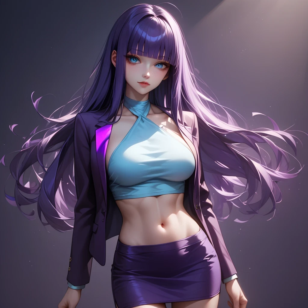 ((purple Hair))、(black inner hair), best quality、 ( professional lighting without shadows )、 surreal, (Nipples:0.4), is fascinating、 figure like a slender supermodel、 one girl ,, ( big breasts, Belly button exposed), ( flat at honny, beautiful skin)), (明るい and beautiful blue eyes , ((hime cut,long hair )), ((velvet blazer:1.4), (halterneck:1.3), Tailored trousers, pencil skirt, high socks, blue panty、(Silk Halter-top:1.3)) , ( beautiful face squinting in bright light ), ”from behind, cowboy shot, looking back