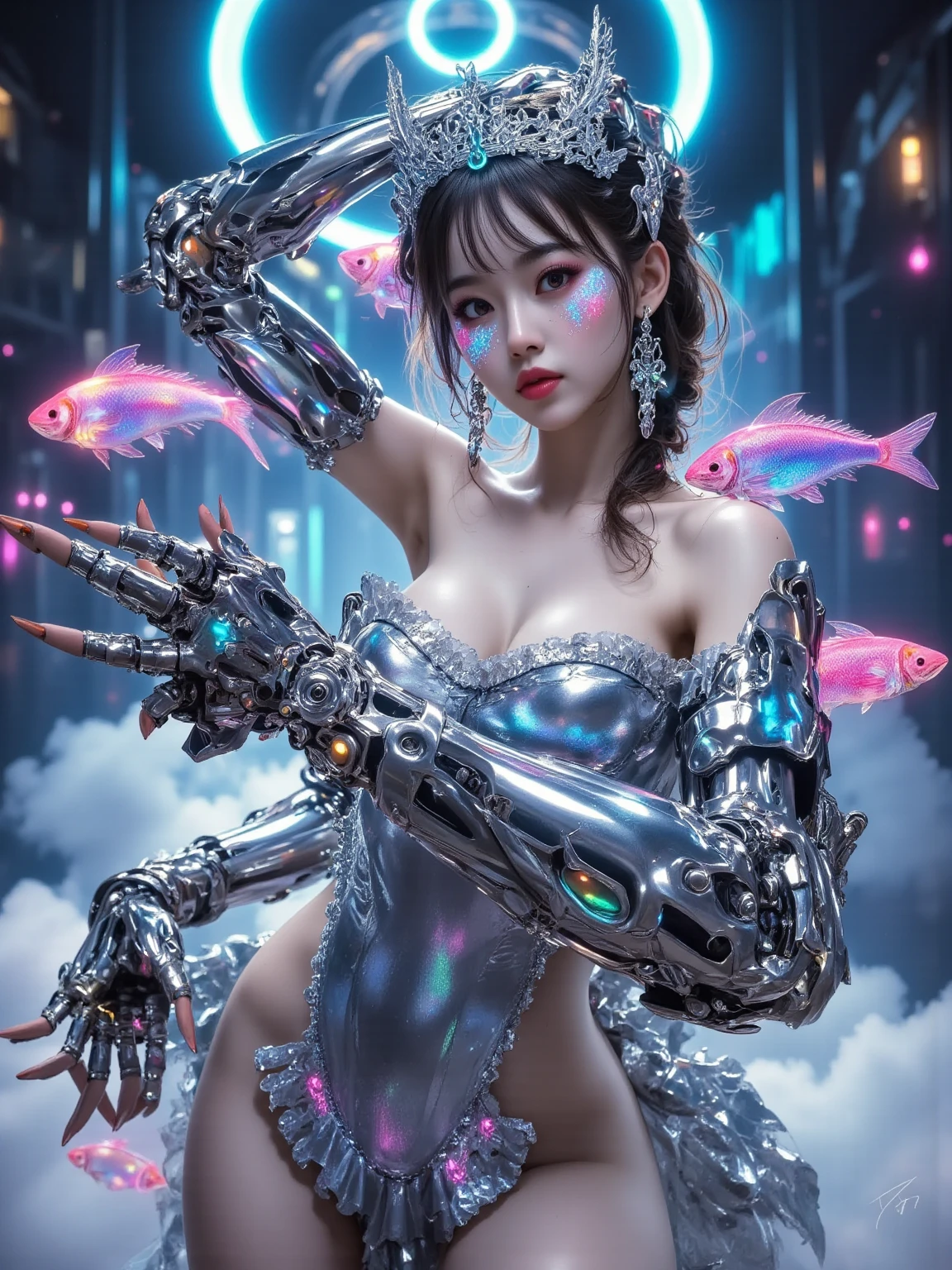 ticker mechanism, Beautiful eyes, Upper body, (Mechanic Armor), Portrait、abyss、Lightning from Kaleidoscope Hand、flying though the air、flawless、Neon light, 8K, raw, Best Quality, masutepiece, 超A high resolution, Colorful, (medium wide shot), (Dynamic perspective), foco nítido , (depth of fields, Bokeh:1.3), extremely detailed eye and face,ninjartist, Beautiful detailed eyes、Black gold, Trimmed gear:1.2), ((masutepiece, Best Quality)), Detailed background, Inside the spacecraft、Hold your weapon、(Gray hair)、brue eyes、poneyTail、dirty、bio luminescent、lots of crescent moons、Photographed with Canon R5、Dark Fantasy,masterpiece,connected to the plug、spectrum、Space City、Highly detailed beautiful porcelain profile female android face、Complex 3D rendering of a headset、cyborgs、roboticparts、150mm、Beautiful studio soft lights、Rim Light、Vivid details、luxuriouscyberpunk、Ren Hao、surrealistic、Anatomical、face muscles、cable electric wires、microchips、elegent、beatiful backgrounds、octan render、HR Giger Style、8K、top-quality、masterpiece、illustratio、extremely delicate and beautiful、ighly detailed、nffsw ,Unity ,wall-paper,magnifica, Attention to detail, masterpiece,top-quality,Official art,Highly detailed ticker Unity 8K wallpapers、机器人、Silver Halmet、((full body Esbian))