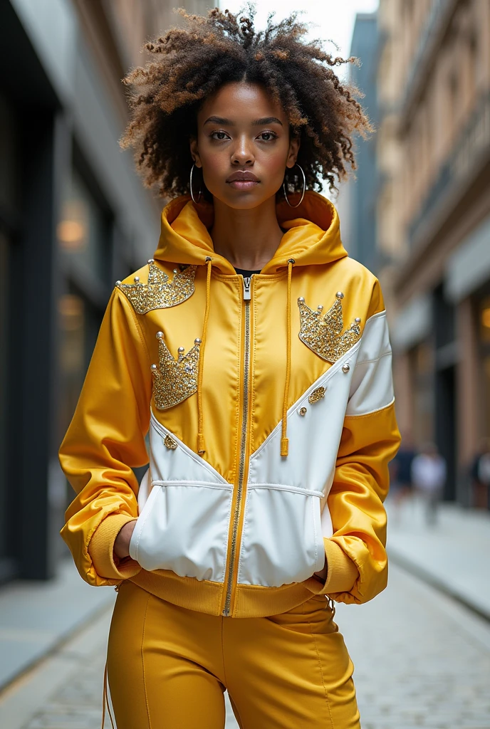 Make a golden adidas sweatshirt, with shiny sleeves with glitter, with its iconic three white stripes, also with the furry hood, as well as the leopard sleeve lines 