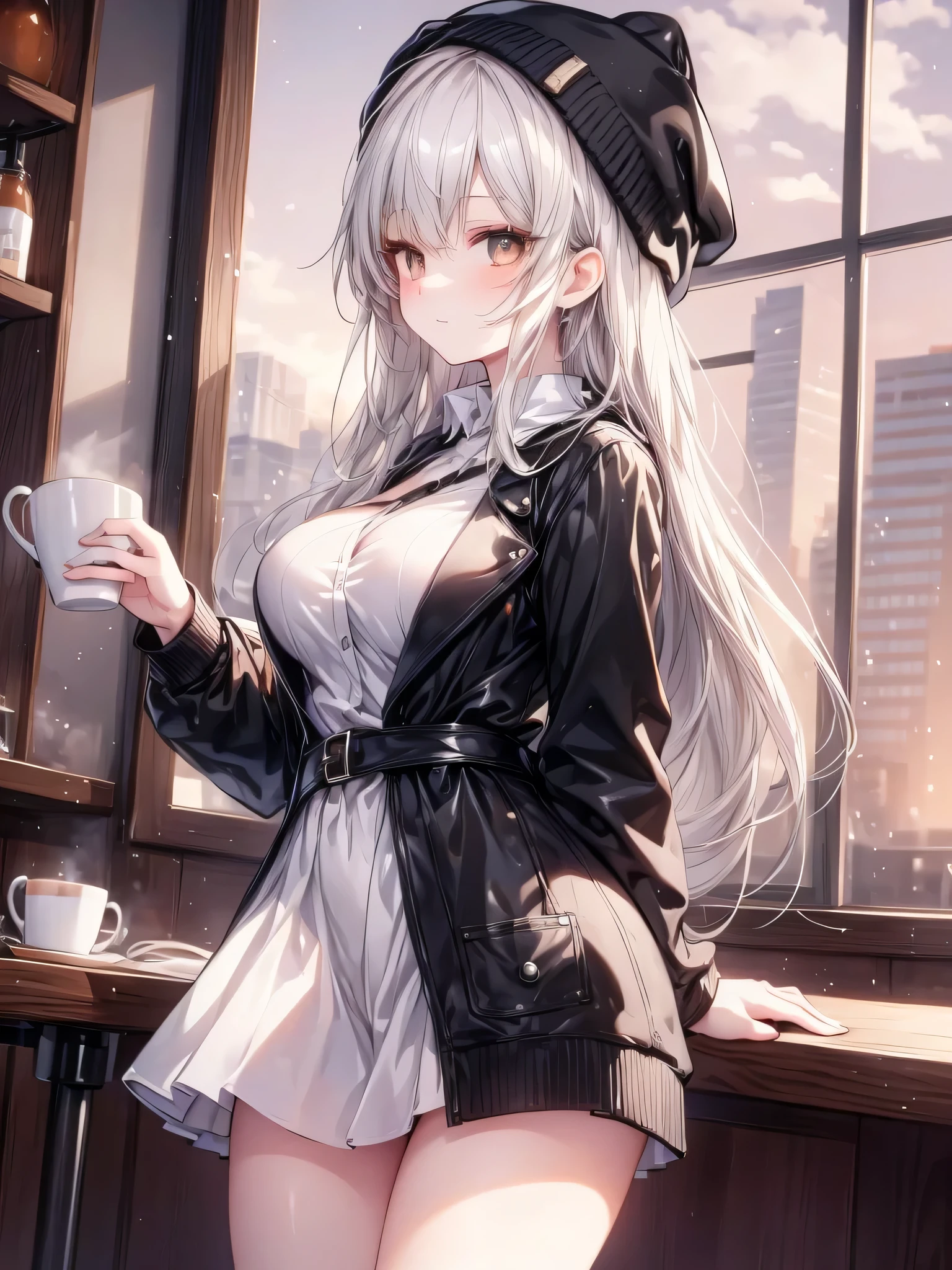 masterpiece, high quality, A pretty woman, Long hair, wavy hair, White hair, blue eyes, smiling face, big breasts, juicy breasts, Open shirt, short skirt, black jacket, black beanie hat, background of a coffee shop
