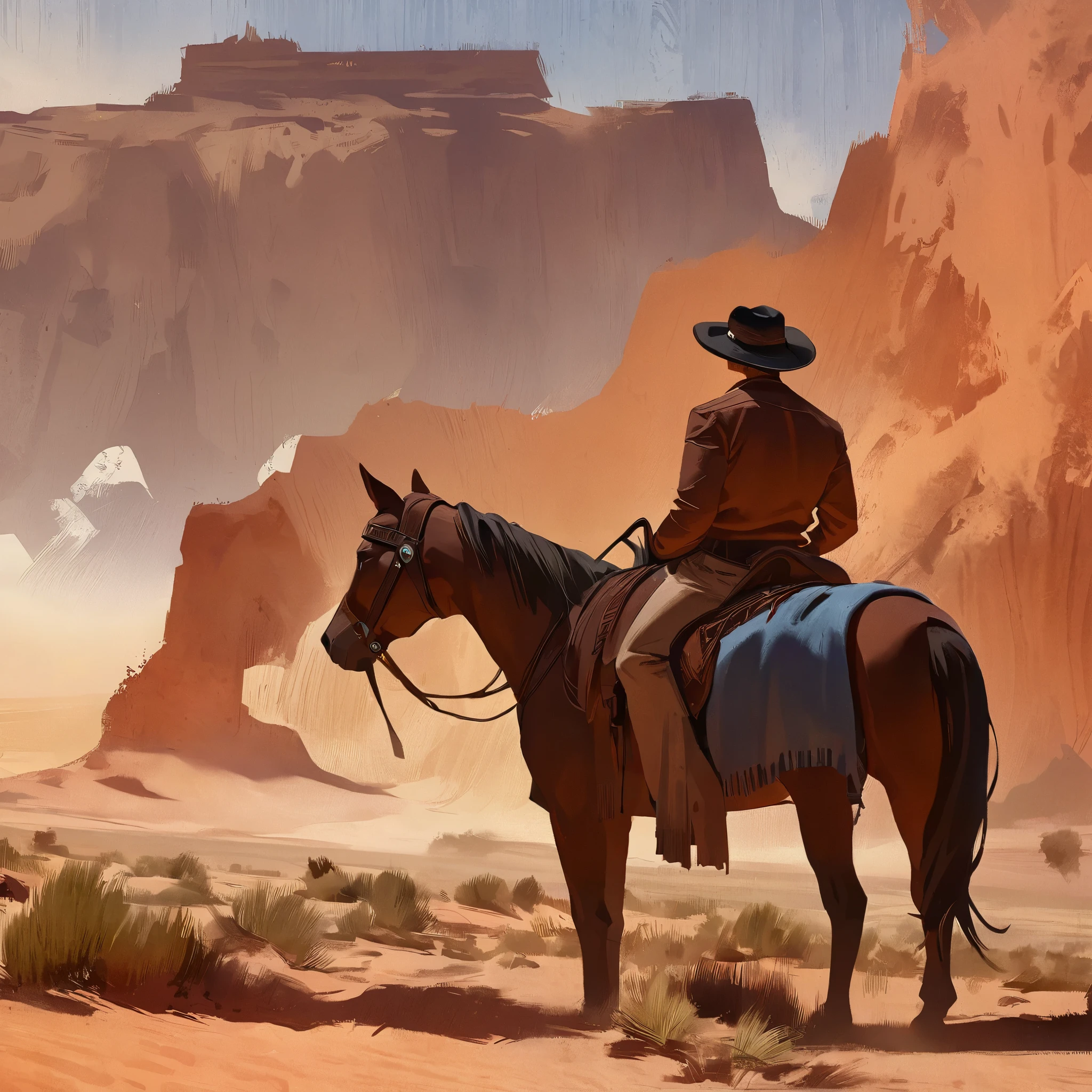 This is a digital painting depicting a rugged, arid desert landscape reminiscent of the American Southwest. The primary subject is a lone cowboy, viewed from behind, riding a brown horse. The cowboy is dressed in traditional western attire: a wide-brimmed black hat adorned with a silver band, a dark brown jacket, and blue jeans. He sits comfortably on the horse, which is equipped with a saddle and bridle. The horse's mane and tail are dark, matching the horse's coat.

The background features towering sandstone mesas and buttes, painted in rich hues of red, orange, and purple, indicating the late afternoon or early evening light. The sky above is a gradient of soft blues and pinks, suggesting a serene yet dramatic atmosphere. The ground is a mix of earthy tones, with patches of green indicating sparse vegetation.

The overall style of the painting is semi-realistic with a slightly impressionistic approach, characterized by bold brushstrokes and vibrant color contrasts. The texture of the desert landscape is depicted with rough, jagged edges, emphasizing the harsh, unforgiving environment. The image captures a sense of solitude and adventure, typical of western frontier themes.