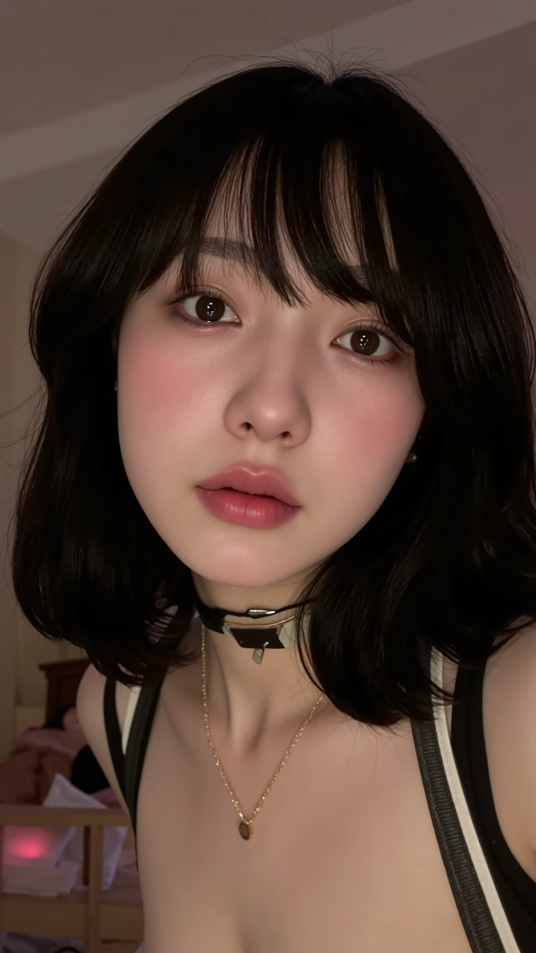 Selfie from top to bottom, smile:0.5 ,face from side, with melancholic black-haired hair, lamp, Brilliant lips, dark makeup , eyeliner , Brown eyes , gold necklaces, round face, dog collar , smiling with the eyes , smile, Teeth, Expression admired , looking for a view, asymmetry, adolescent appearance , Seductive look, looking for, korean female, 1female , 1 women in the image, Japanese women