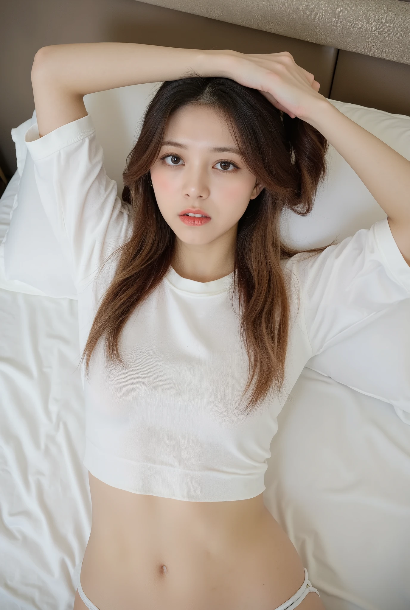 <lora:L666:1.0>, 1girl, Asian, yellow (t-shirt), lace-trimmed ((cotton panties)), navel, looking_at_viewer, sultry stare, legs spread, bed, bedroom, flickr, good aesthetic, good quality, good contrast, good blur, good noise, photorealistic, photo, skin pores, 8k