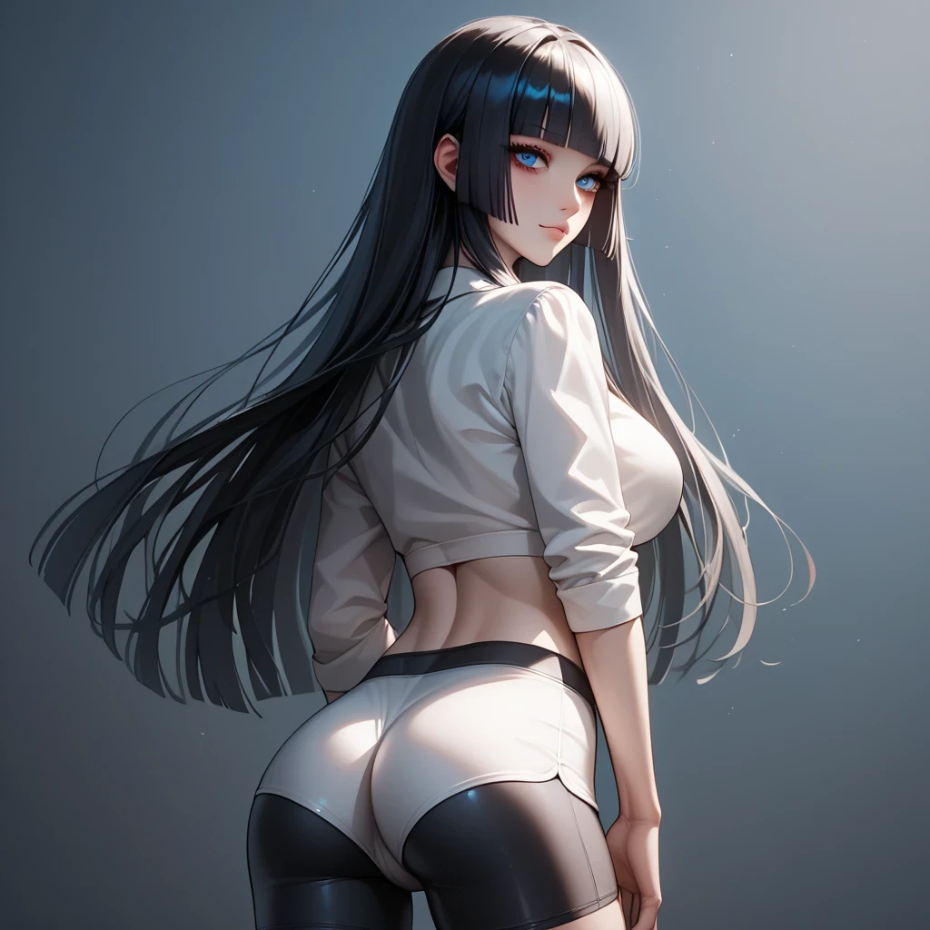 8K, anime style, masterpiece, high quality, highres, best quality, highres, 1girl, disheveled hair, illustration, focus on face, simple background, long hair, stockings, black hair, hair between eyes, calm, long bangs, ponytail, hair tie, crimson red eyes, large breasts, very long hair, breasts, perfect face, perfect legs, add_detail:1