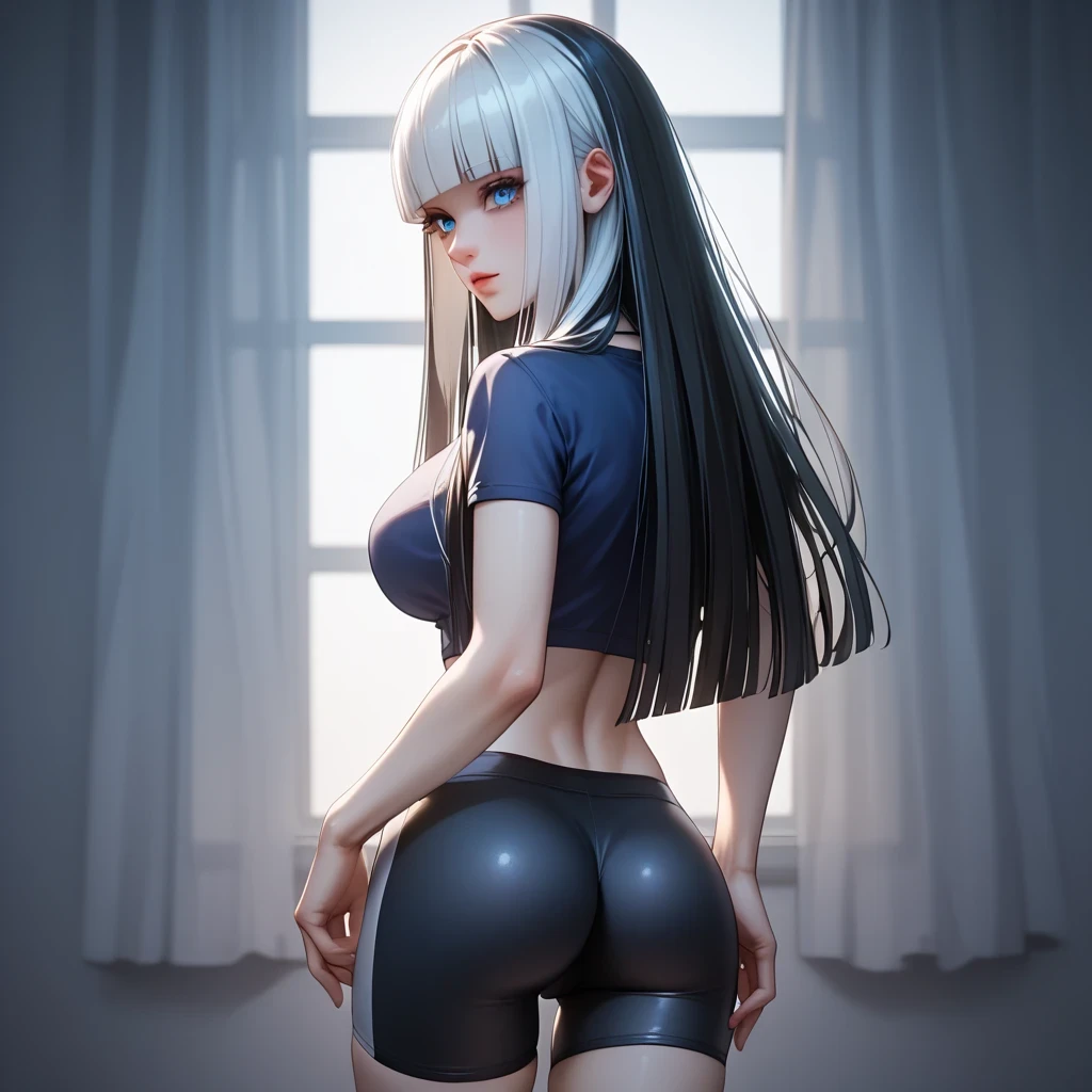 One girl, twintail, short t-shirt, underwear, , big ass, perfect breast, slim, cute, sexy, very detailed, exquisite lighting and composition, , 8k, sharp, highly detailed, high resolution, back