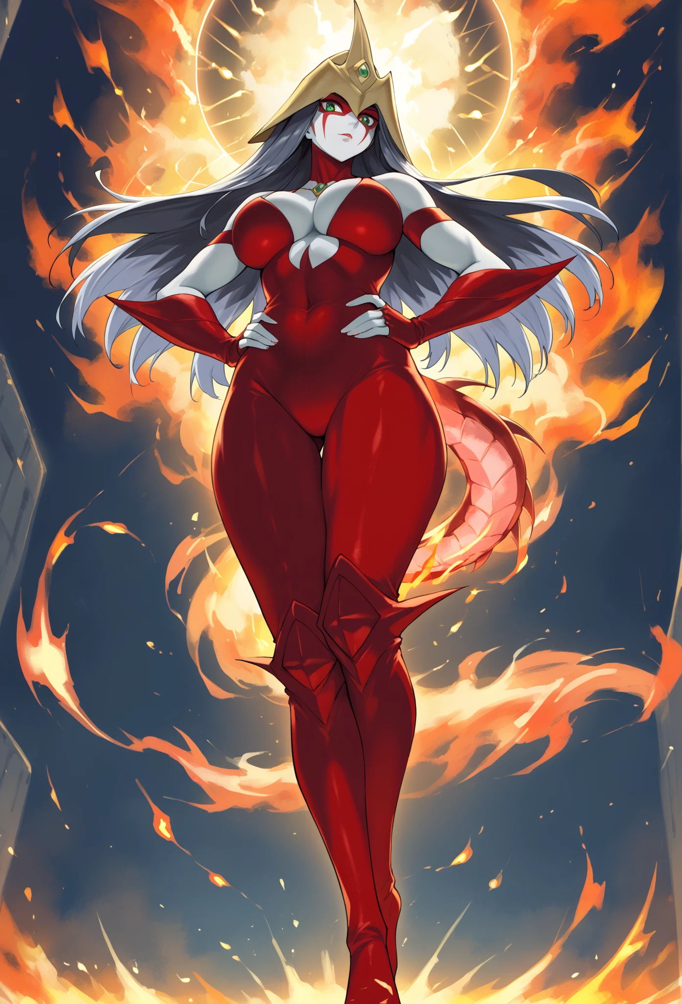 anime character with red and white hair and a red cape, djinn woman female demon, female djinn woman demon hybrid, an epic anime of a energy woman, full body devil woman, demon female, demon hero, human female demon, emitting evil red aura, fire!! full body, full body savage devilwoman, woman female demon, demon girl, pain from naruto, nude, impossibly large breasts