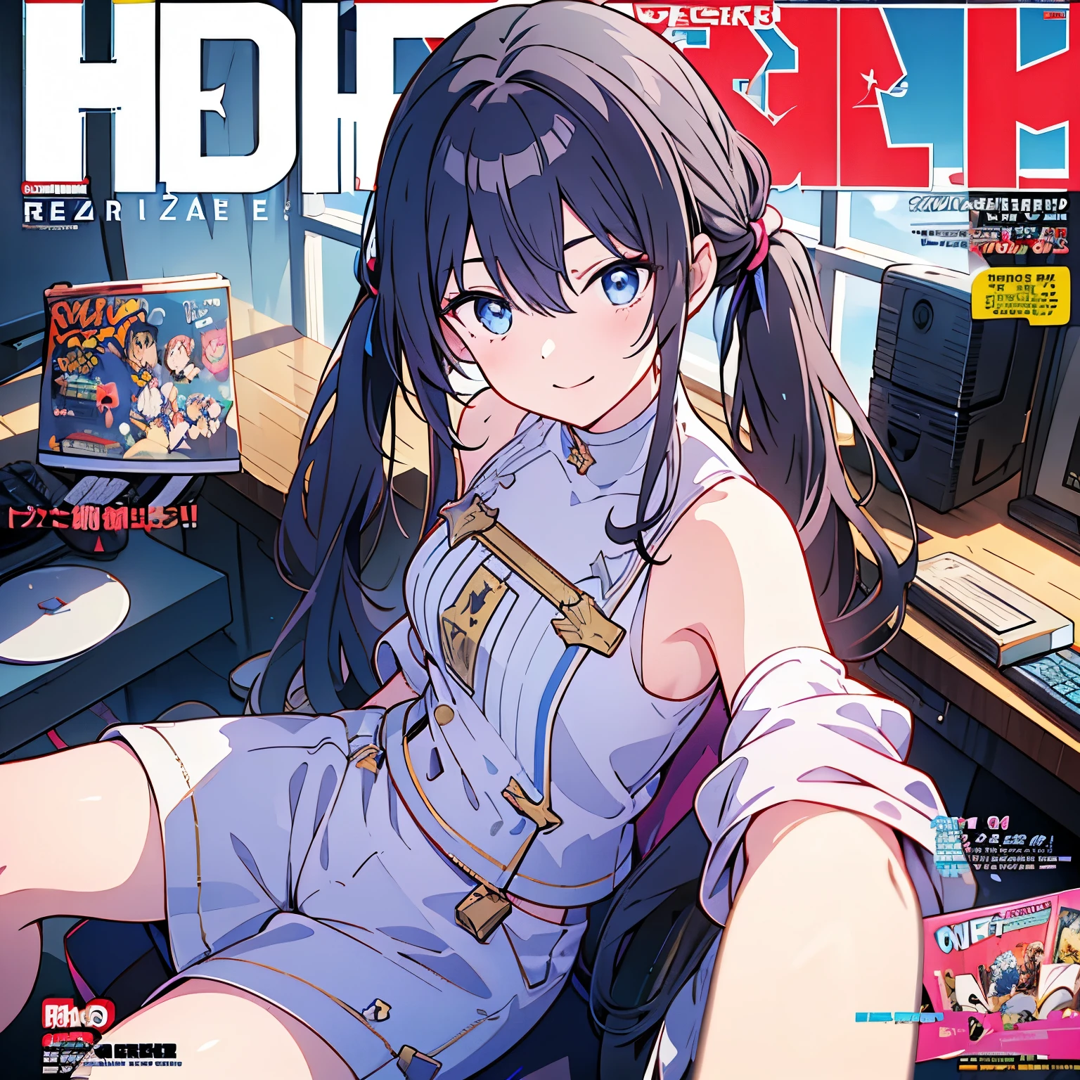 (Masterpiece), ( best quality ), Details, Otaku Girl , difficult, Twin Tails, long wavy hair Twin Tails.hair between eyes, Dark Blue Eyes ,smile, Masterpiece, best quality , up to date,( taut chest:1.2), (Pointed Chest:1.2),(from below:1.2, best quality ), girl , dark platinum colored hair 、Otaku uniform :1.2, purplish blue eyes that the dreamer wants , ((Otaku Girls)), dark, messy hair, Hair above the eyes, blush,Armpit hair, ( half sleeve t-shirt ), shorts, sitting in a gaming chair , Otaku Room,Play PC Games :1,3, medium breasts, skinny, open your mouth, ( nerd game magazine cover :1.6),(with sparkling eyes and a contagious smile),Her Thin Pubic Hair :1.2, stare at viewers