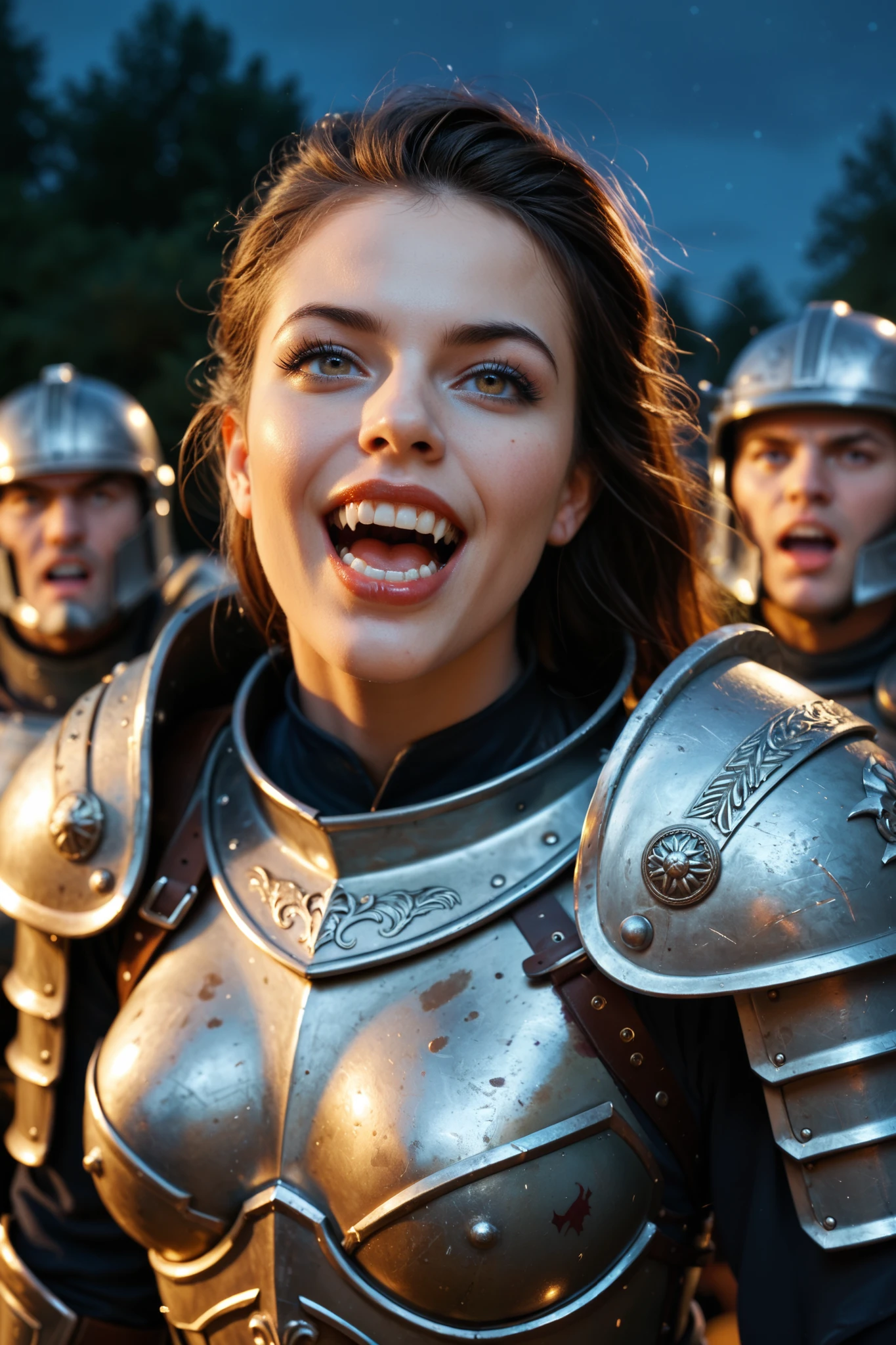 female Vampire warrior wearing Spartan armor, with an open mouth showing his teeth , pointed cusp teeth, soldier, night, High Quality, 8k quality, a very detailed face, cinematic
