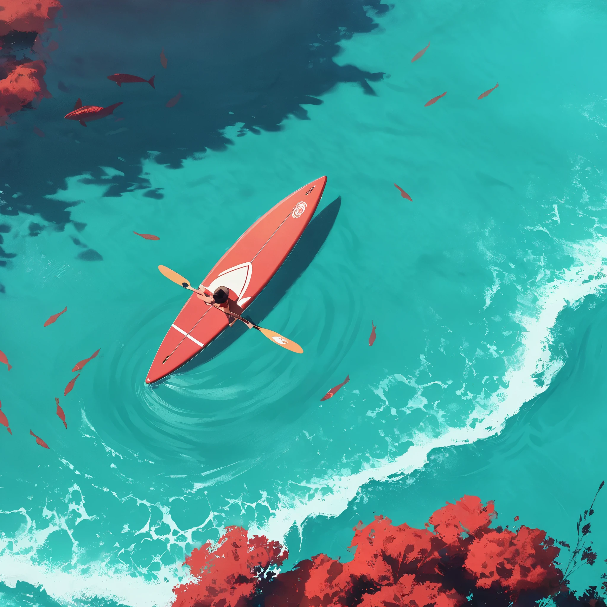 This is a digital artwork depicting a serene scene of a person  a red paddleboard in a vast, turquoise ocean. The person, positioned centrally in the image, is wearing a red  and has long, dark hair flowing behind them. They are standing on a sleek, red paddleboard with a white stripe running along the edge, gripping a paddle with both hands. The water around them is a gradient of blue, ranging from a deep, almost royal blue to lighter, more aqua tones, creating a sense of depth and movement. 

In the foreground, several large, colorful koi fish swim towards the paddleboard. The fish are predominantly red and white, with some having darker spots, and their scales shimmer under the water's surface. Their fins and tails create a sense of motion, adding to the dynamic feel of the scene. The background is slightly blurred, indicating the vastness of the ocean and the distance from the shore. The artwork employs a stylized, almost cartoonish approach with clean lines and bold, vibrant colors, enhancing the sense of calm and tranquility of the scene. The overall mood is peaceful and leisurely, capturing a moment of relaxation and connection with nature.