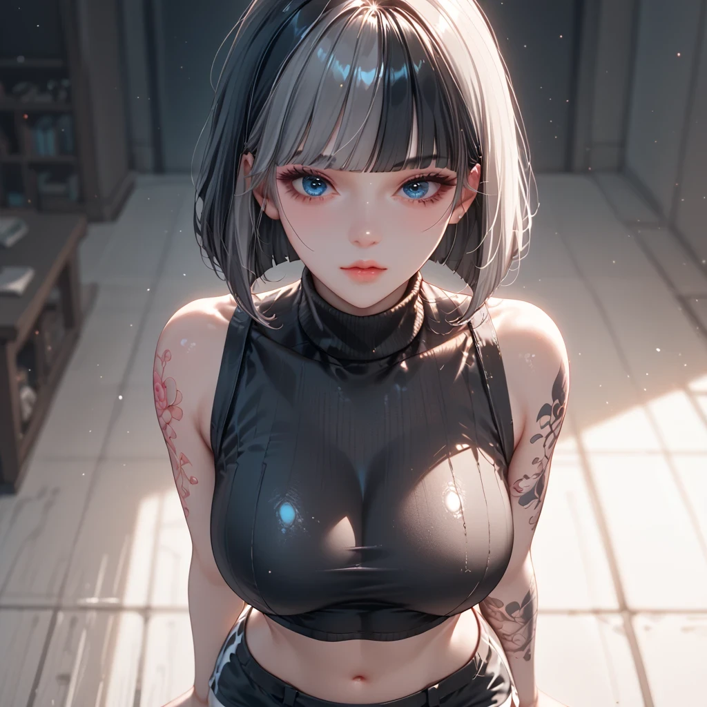((Thick gray hair ))、(Black inner hair), top quality 、 Masterpiece、( professional lighting )、 surreal, (Nipples:0.4), attractive、 slender supermodel 、 one girl , ( dynamic angle, face focus, looking side), ( Slightly Bigger Breasts , midriff peek ), ( flat at honny , Beautiful skin without wrinkles or irregularities ), (Bright, beautiful blue eyes , (( princess cut , layered cut, shortcuts )), ( shorts,(( black tight cropped turtleneck ))) , ( beautiful face squinting in bright light ), ((Black tight cropped turtleneck with tattoos all over the body ))