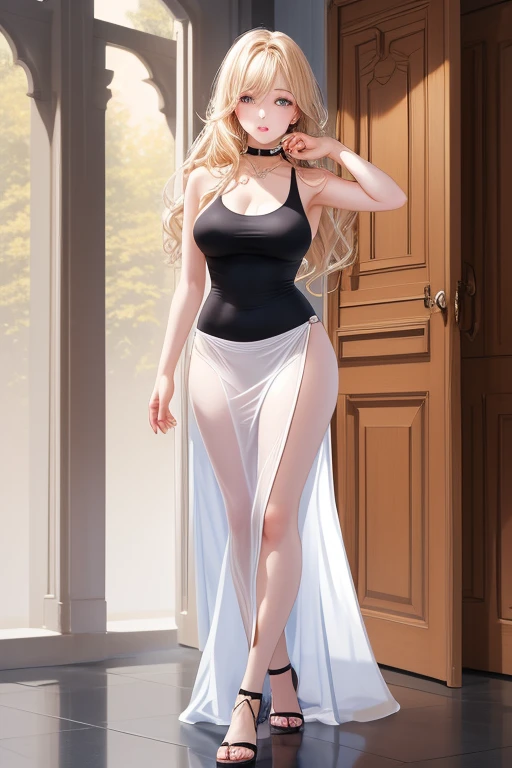 Full body photo, Adult anime woman, long blonde hair completely loose, green eyes, expression of pleasure, coquette, Seductive. A sheer, transparent fabric barely covers her breasts as she walks sensually towards the bed. 