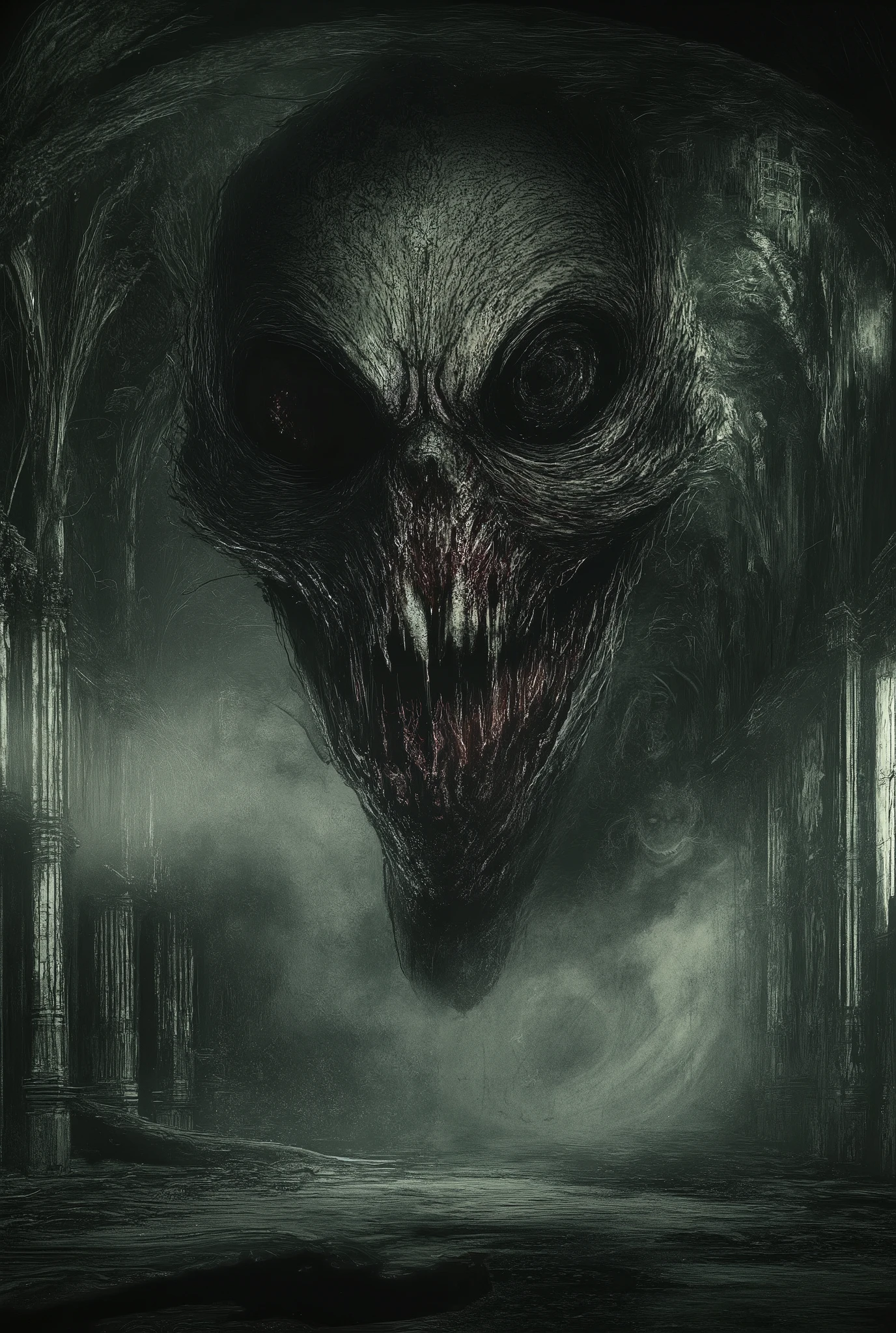 ultra detailed, absolutely resolution, masterpiece, haunted mansion, grin evil smile ghost, poltergeist, dark horror fantasy, dark and scary, terrifying, various foggy effects, extremely delicate depiction, extremely clear image, bold and dynamic, contrasts of light and shadow, artistic photography, hyper realistic
