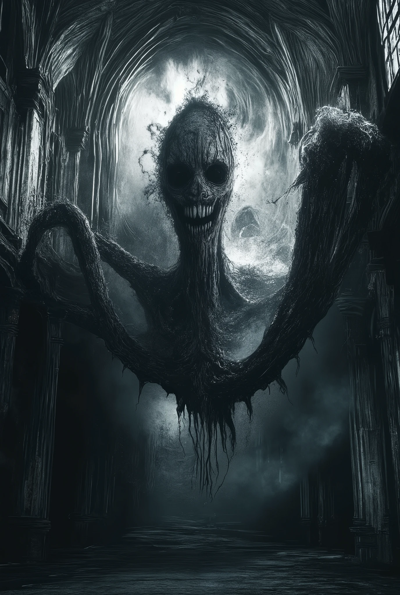 ultra detailed, absolutely resolution, masterpiece, haunted mansion, grin evil smile ghost, poltergeist, dark horror fantasy, dark and scary, terrifying, various foggy effects, extremely delicate depiction, extremely clear image, bold and dynamic, contrasts of light and shadow, artistic photography, hyper realistic
